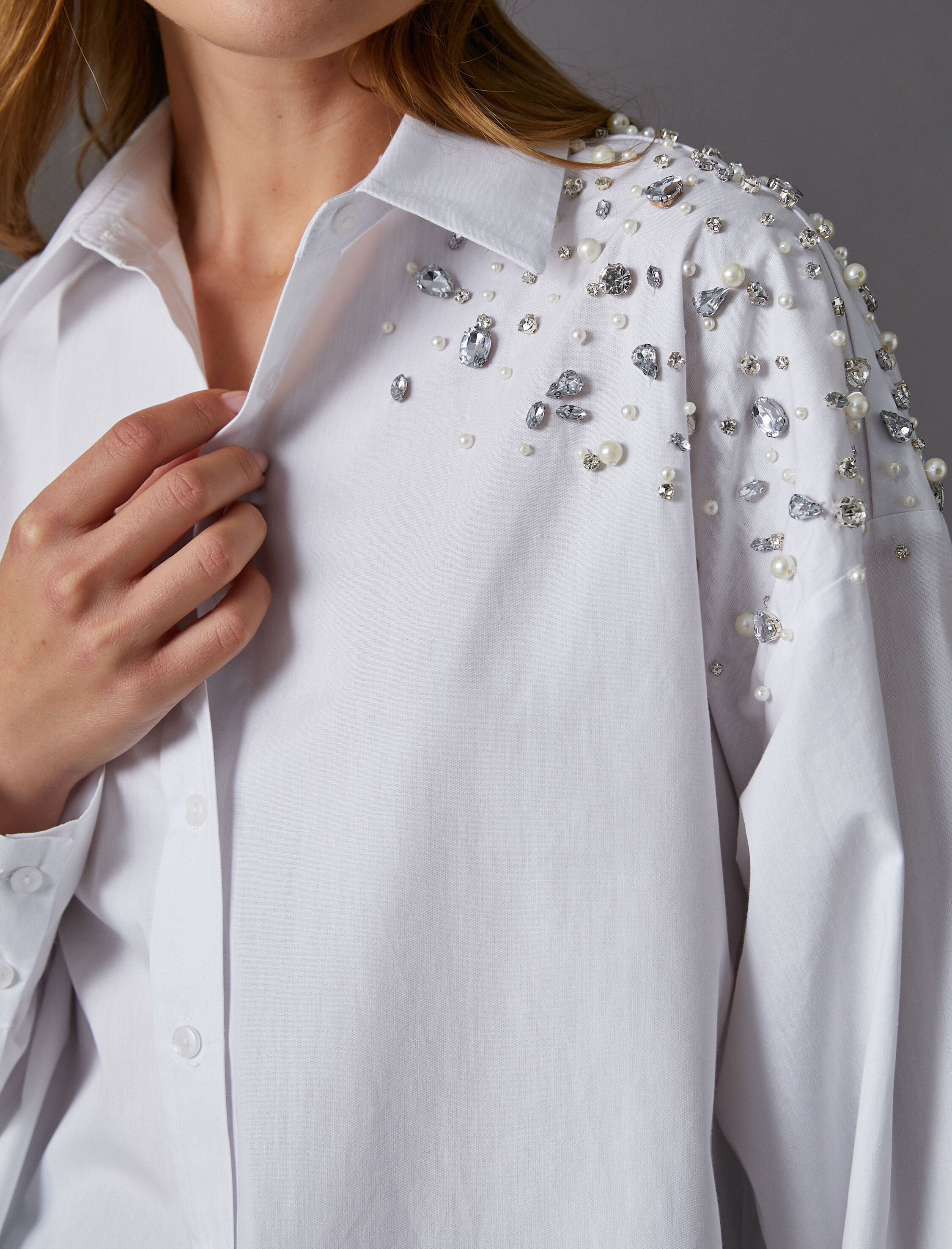   Parlak Taşlı Gömlek Uzun Kollu Düğmeli Pamuklu - El Emeği Koleksiyonu