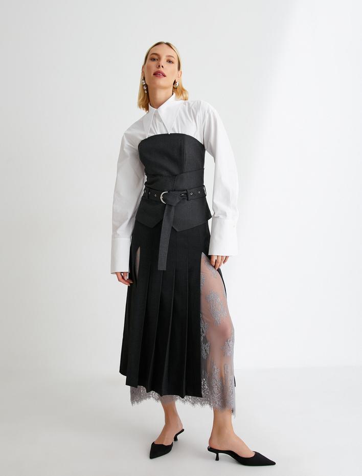  Straplez Bluz Kemerli Asimetrik Kesim