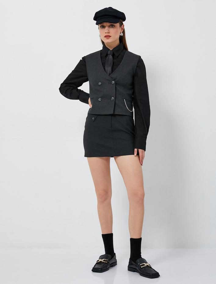  Kruvaze Yelek V Yaka Düğmeli Cepli Zincir Detaylı