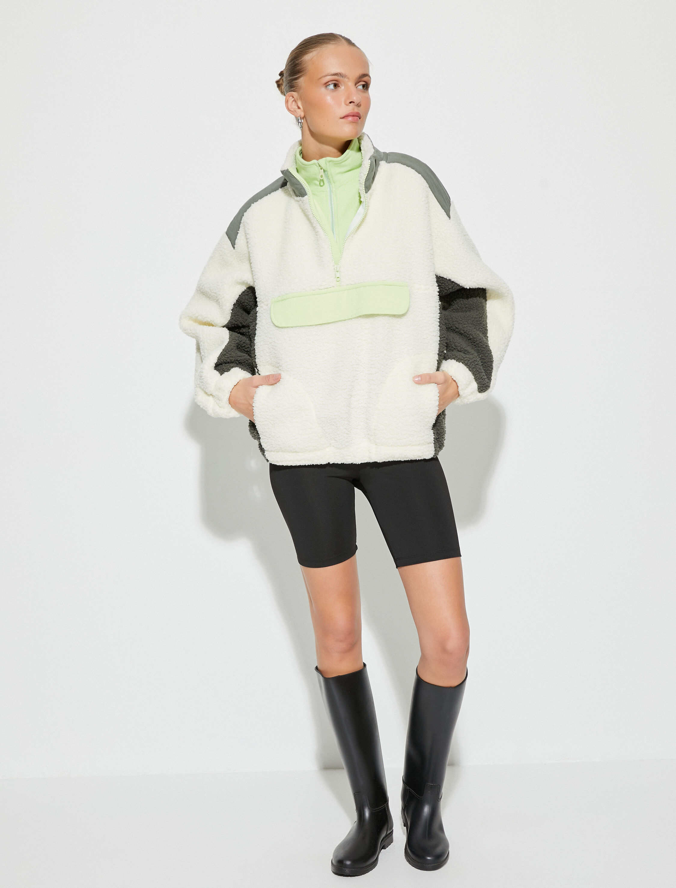   Peluş Sweatshirt Outdoor Dik Yaka Yarım Fermuarlı Cepli