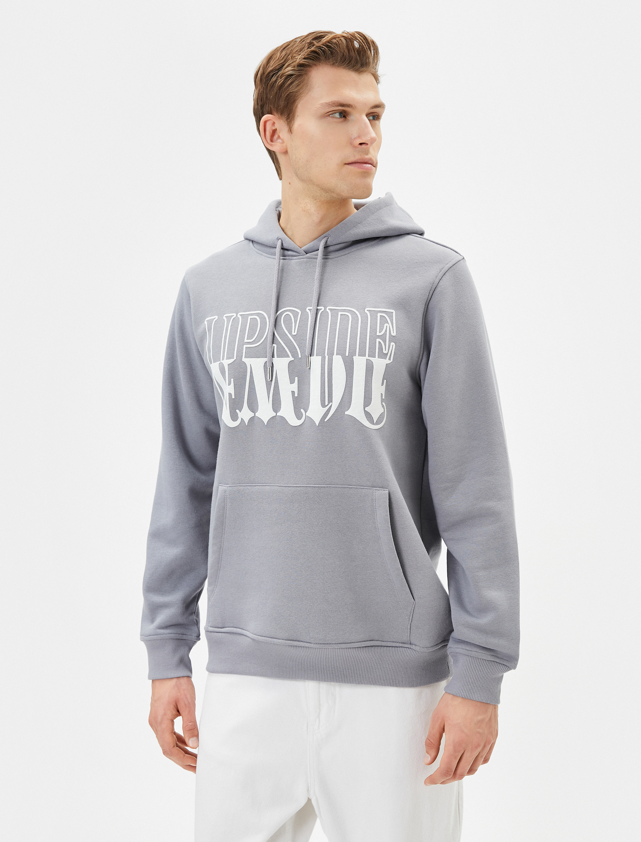   Kapşonlu Sweat Slogan Baskılı Kanguru Cep Detaylı Şardonlu