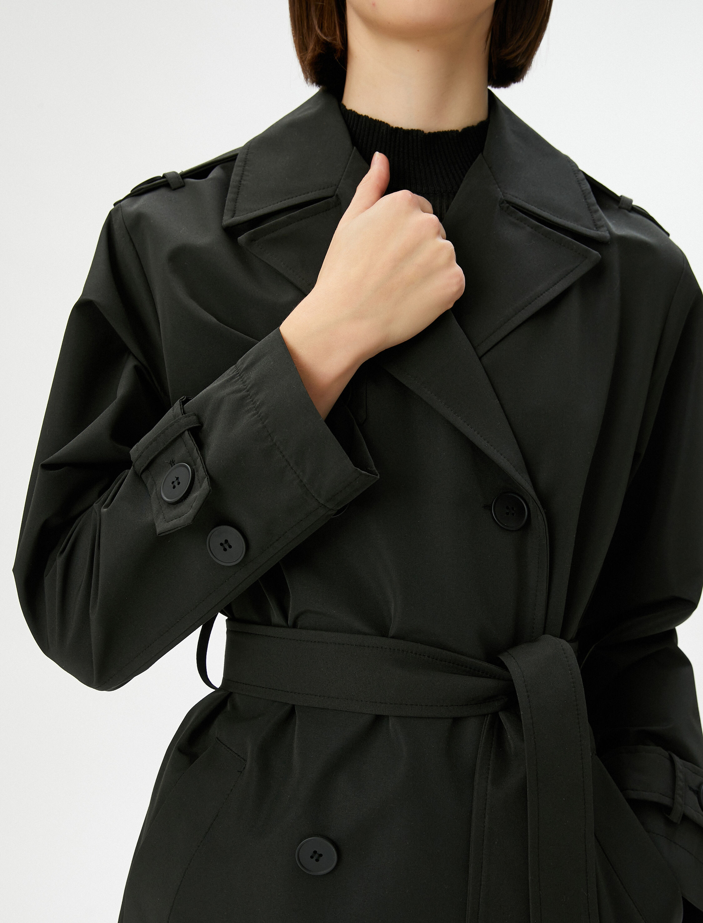   Trençkot Midi Boy Kruvaze Yaka Düğmeli Cepli Kuşaklı