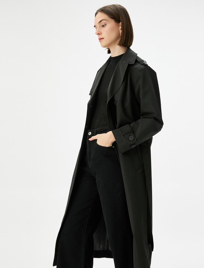  Trençkot Midi Boy Kruvaze Yaka Düğmeli Cepli Kuşaklı