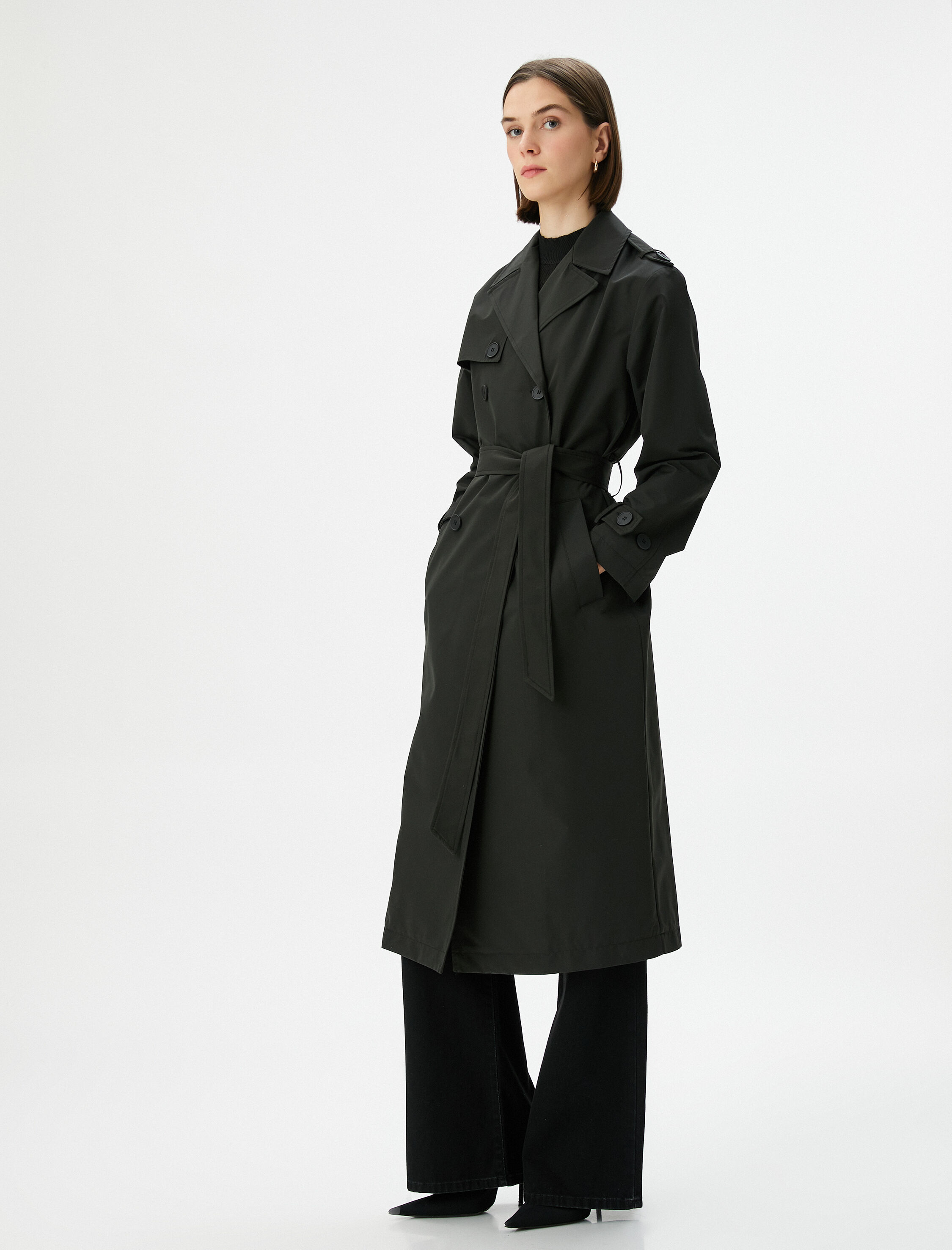   Trençkot Midi Boy Kruvaze Yaka Düğmeli Cepli Kuşaklı