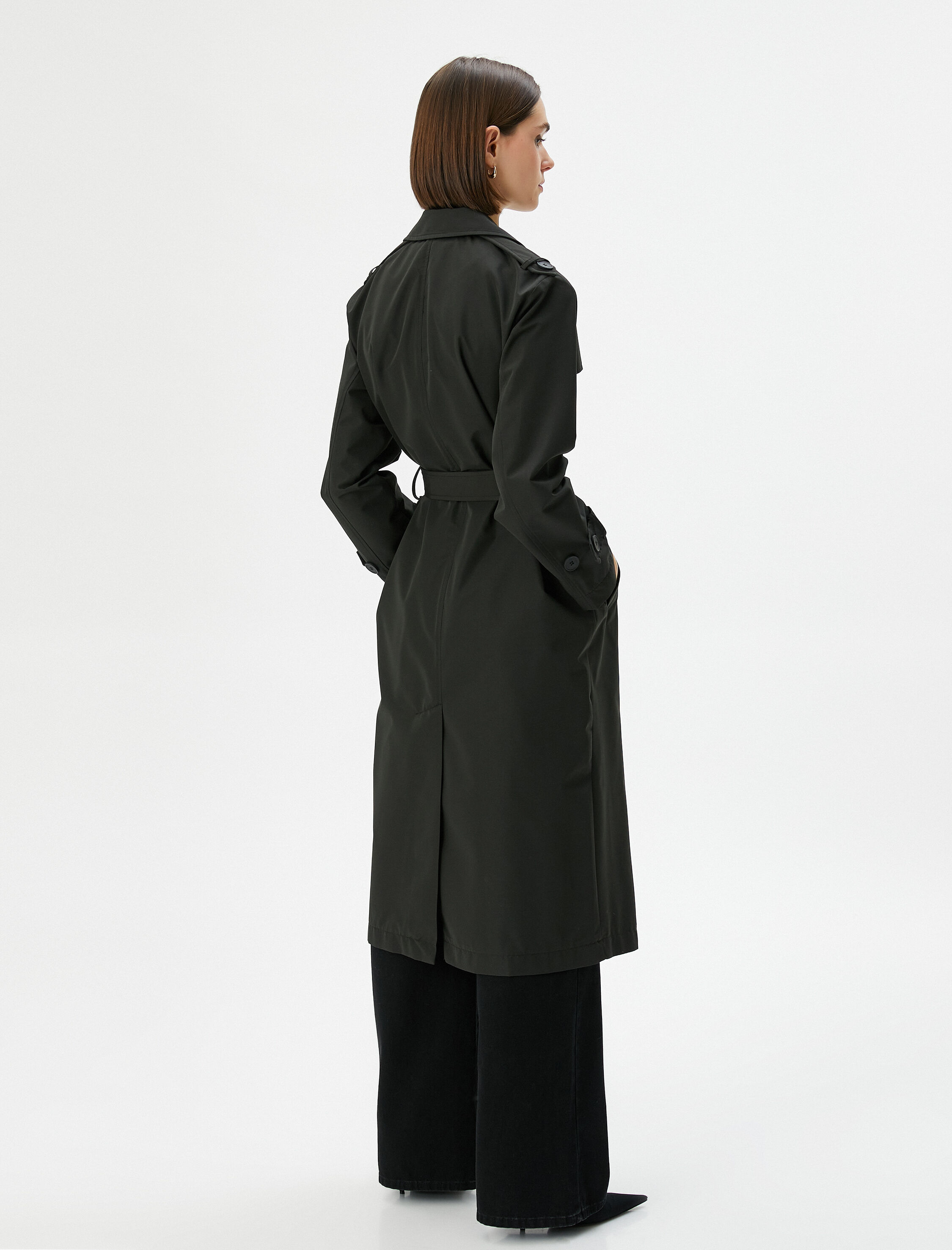   Trençkot Midi Boy Kruvaze Yaka Düğmeli Cepli Kuşaklı