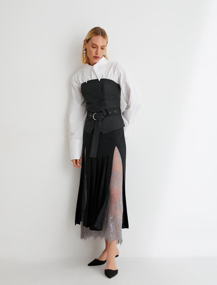  Midi Pileli Etek Dantel Yırtmaç Detaylı Normal Bel