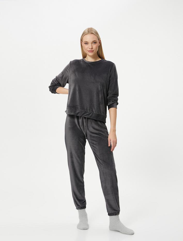  Kışlık Pijama Üstü Kadife Yumuşak Dokulu Uzun Kollu Bisiklet Yaka