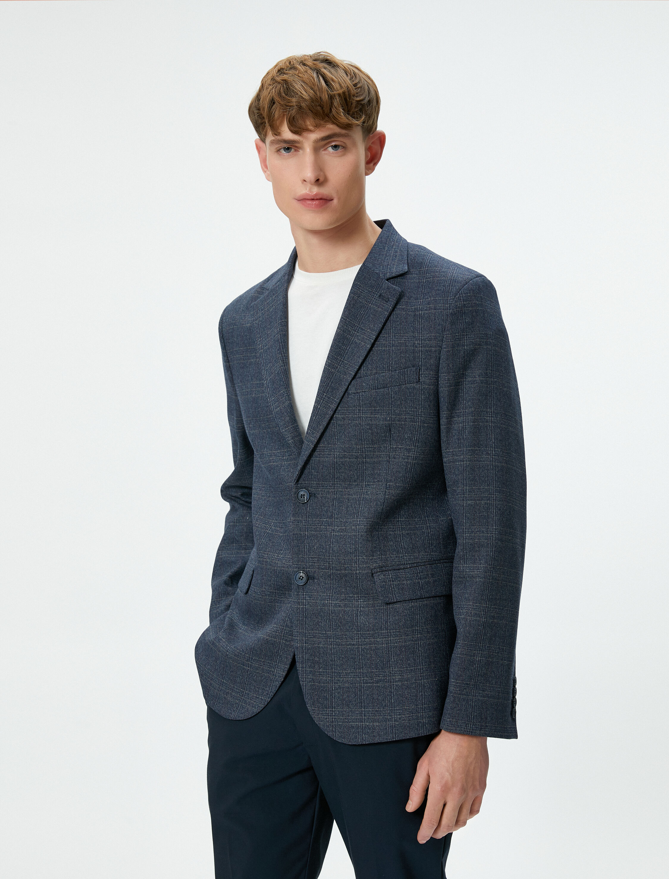   Blazer Ceket Ekoseli Slim Fit Düğmeli Çift Cep Detaylı Mono Yaka