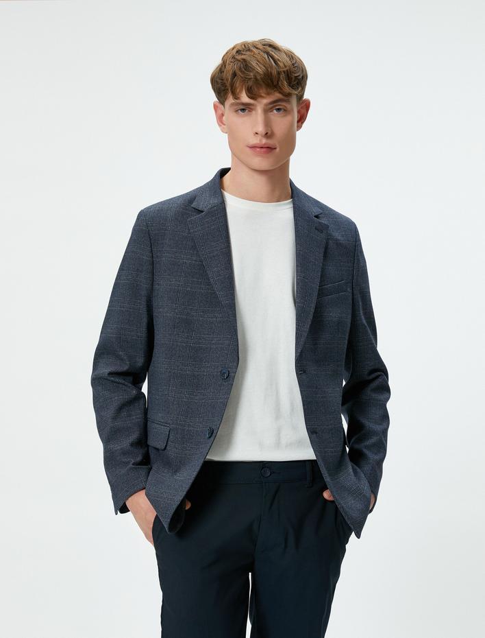  Blazer Ceket Ekoseli Slim Fit Düğmeli Çift Cep Detaylı Mono Yaka