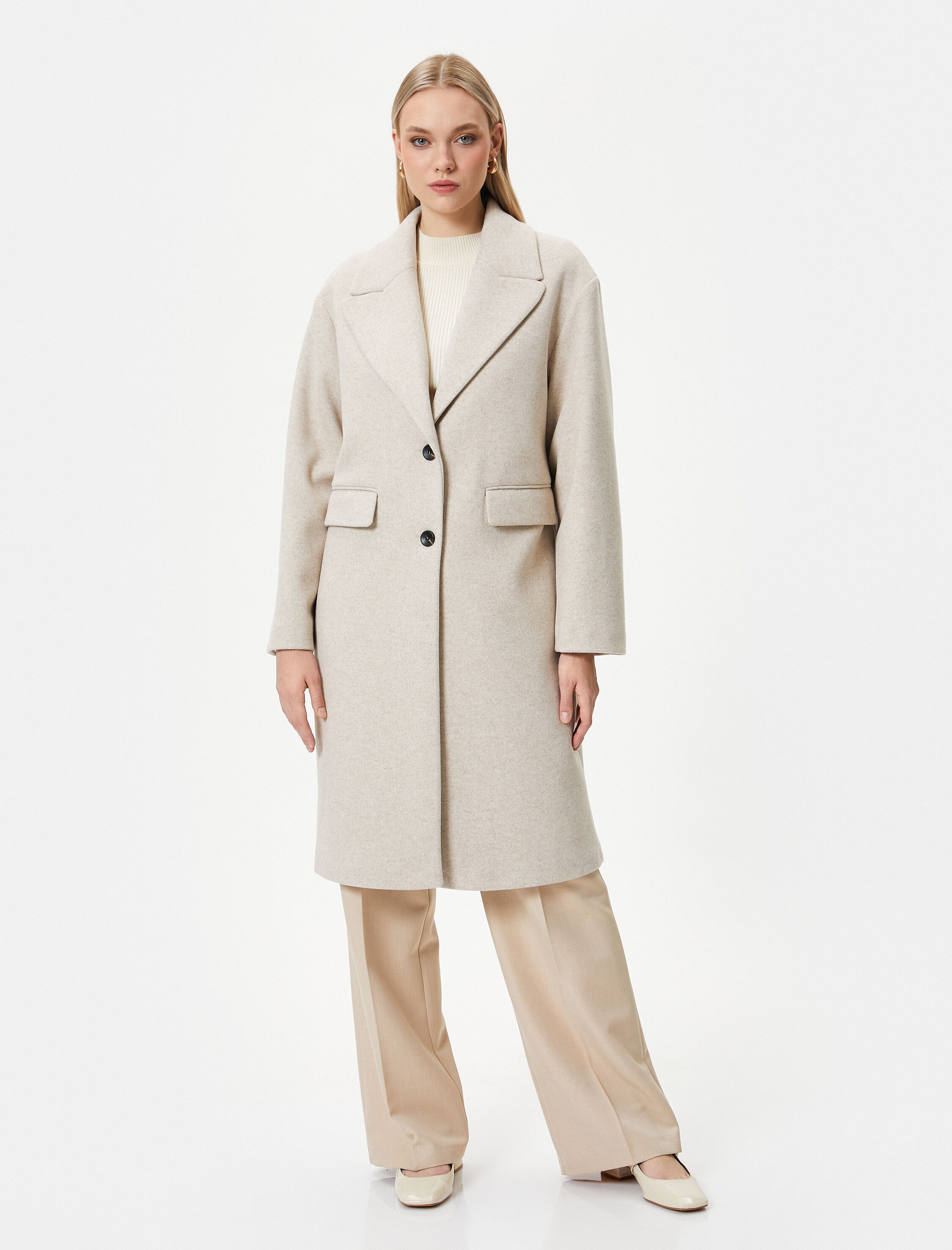   Kaşe Uzun Kaban Düğmeli Kapaklı Cepli