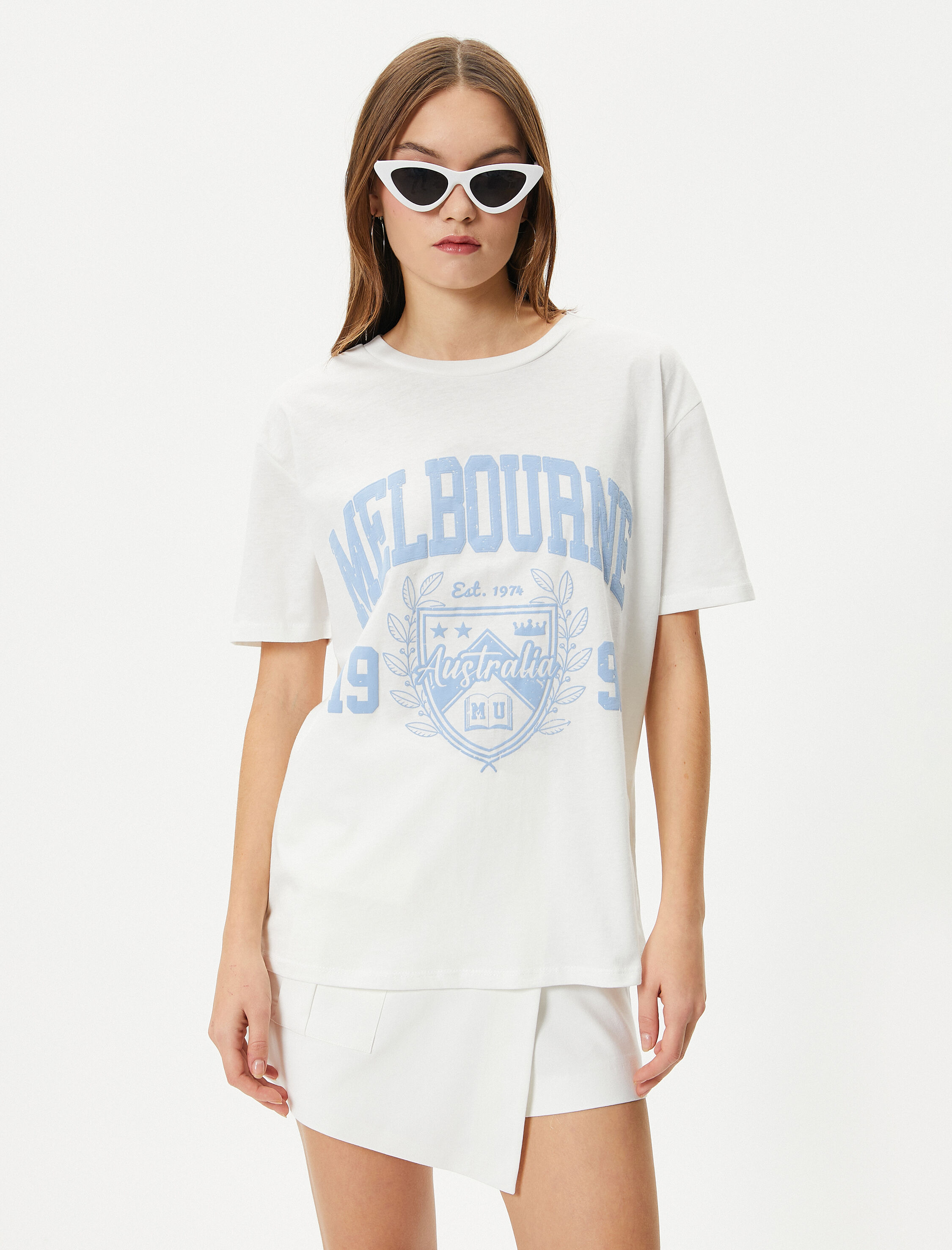   Baskılı Tişört Pamuklu Kısa Kollu Bisiklet Yaka