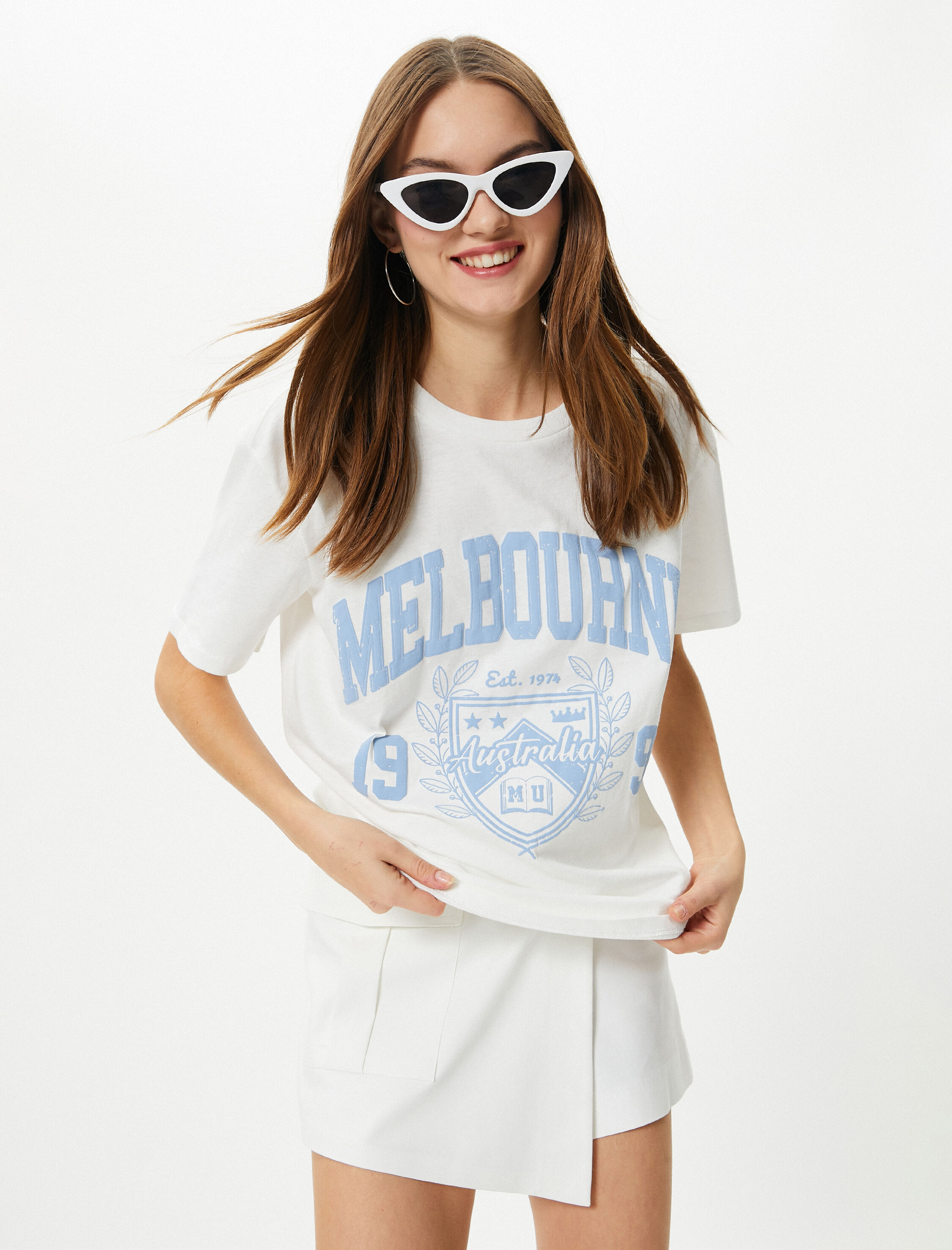   Baskılı Tişört Pamuklu Kısa Kollu Bisiklet Yaka