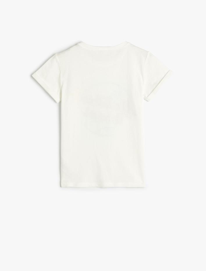 Kız Çocuk Tişört Baskı Detaylı Kısa Kollu Bisiklet Yaka Pamuklu