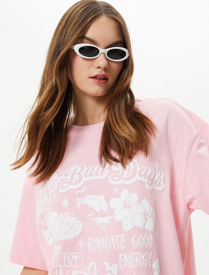  Baskılı Tişört Rahat Kalıp Pamuklu Kısa Kollu Bisiklet Yaka