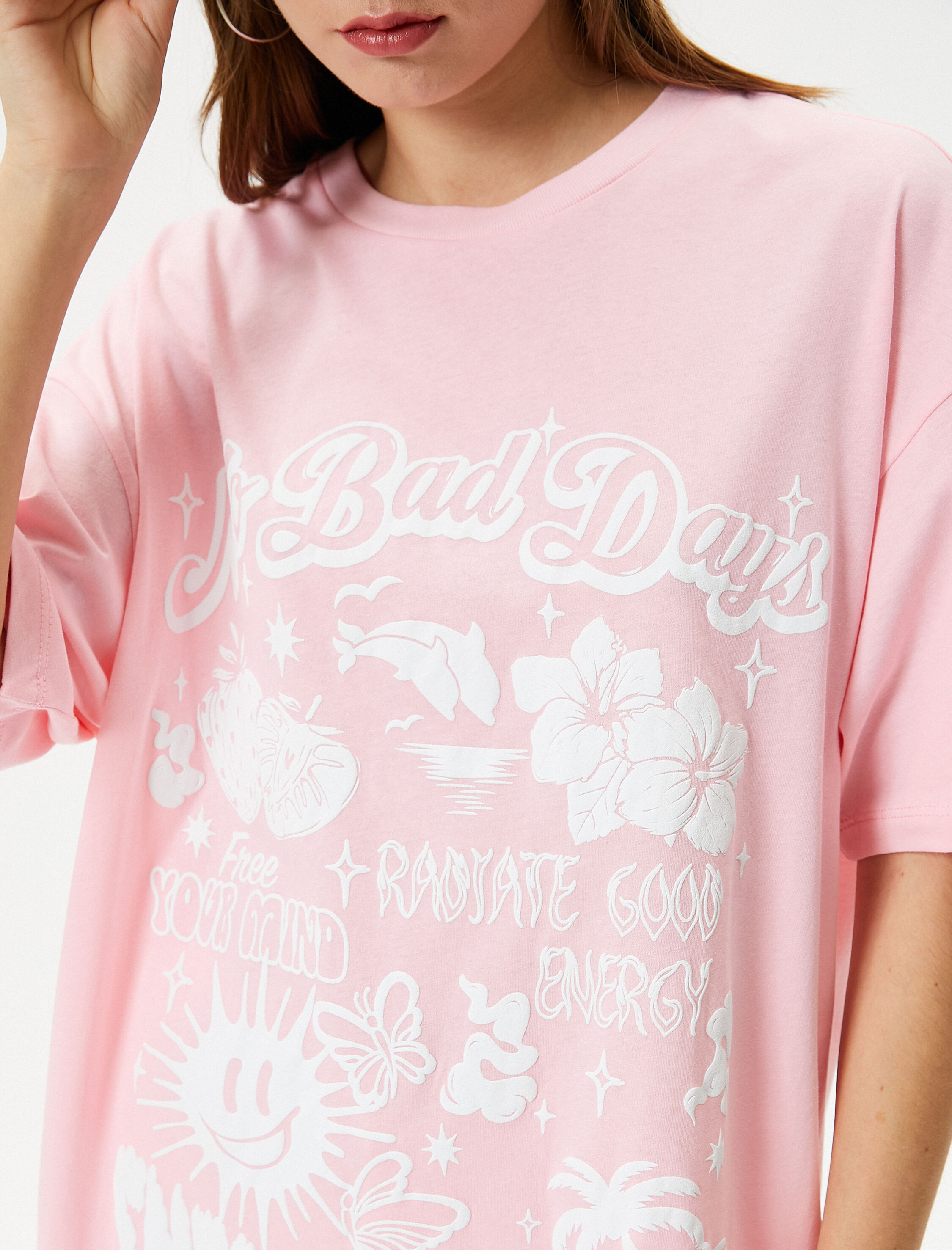   Baskılı Tişört Rahat Kalıp Pamuklu Kısa Kollu Bisiklet Yaka