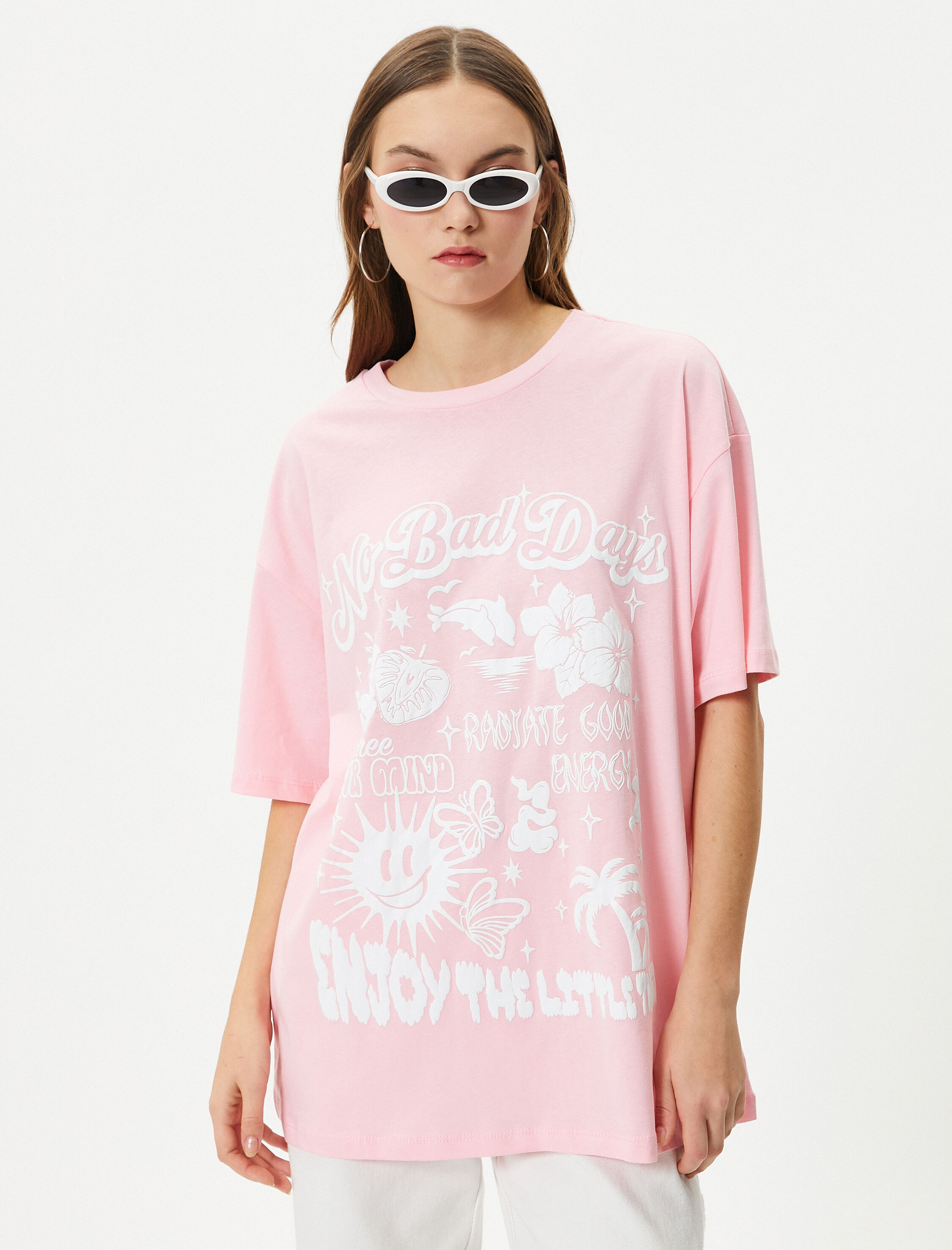   Baskılı Tişört Rahat Kalıp Pamuklu Kısa Kollu Bisiklet Yaka