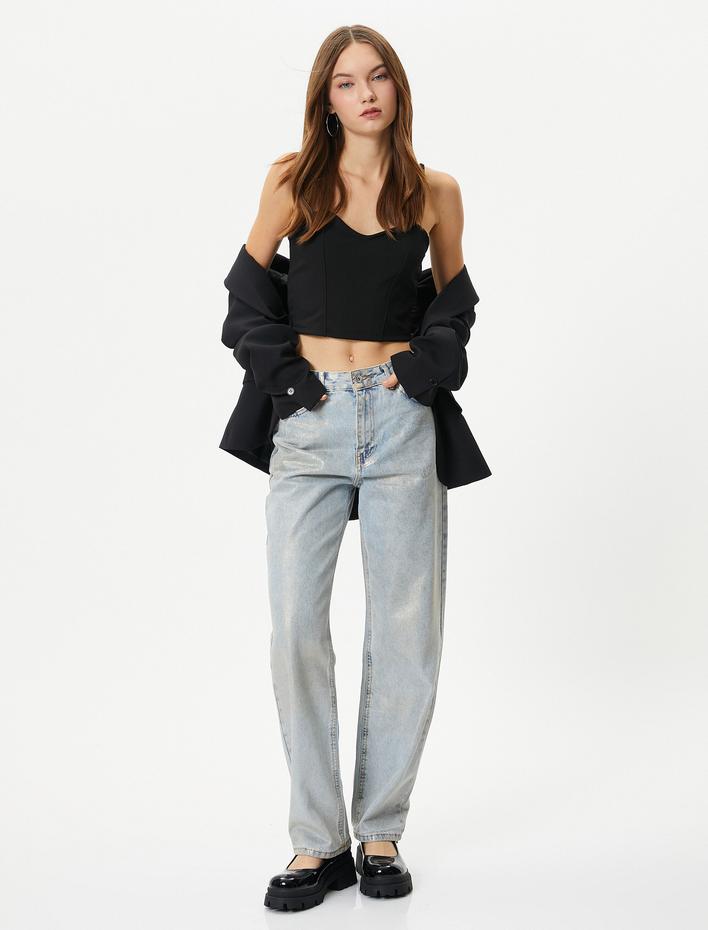  İnce Askılı Crop Büstiyer Kalp Yaka Slim Fit Ribanalı