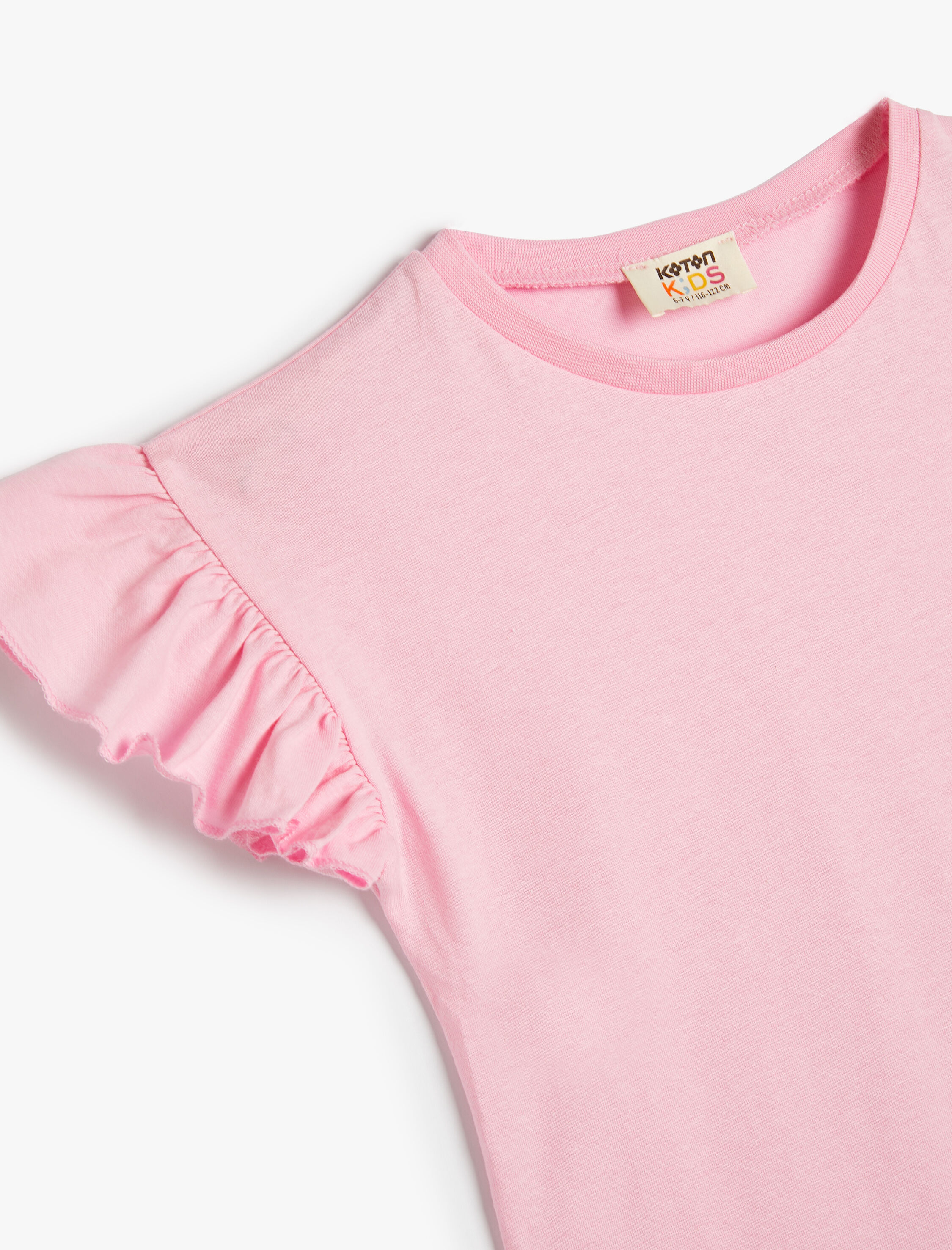  Kız Çocuk Basic Tişört Bisiklet Yaka Fırfır Kollu Pamuklu