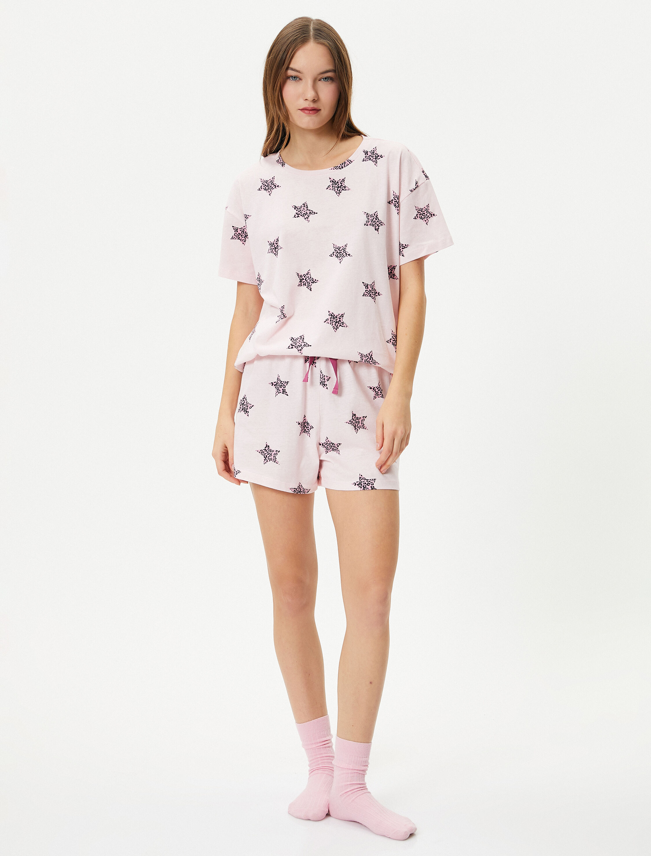   Şortlu Pijama Takımı Kısa Kollu Bisiklet Yaka Baskılı