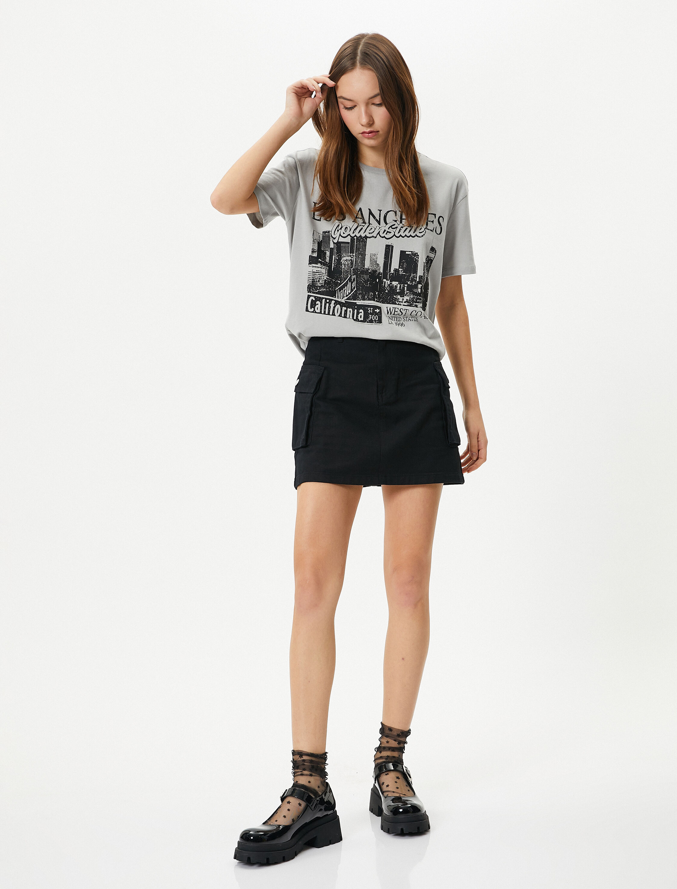   Los Angeles Tişört Baskılı Kısa Kollu Bisiklet Yaka Pamuklu