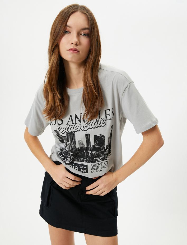  Los Angeles Tişört Baskılı Kısa Kollu Bisiklet Yaka Pamuklu
