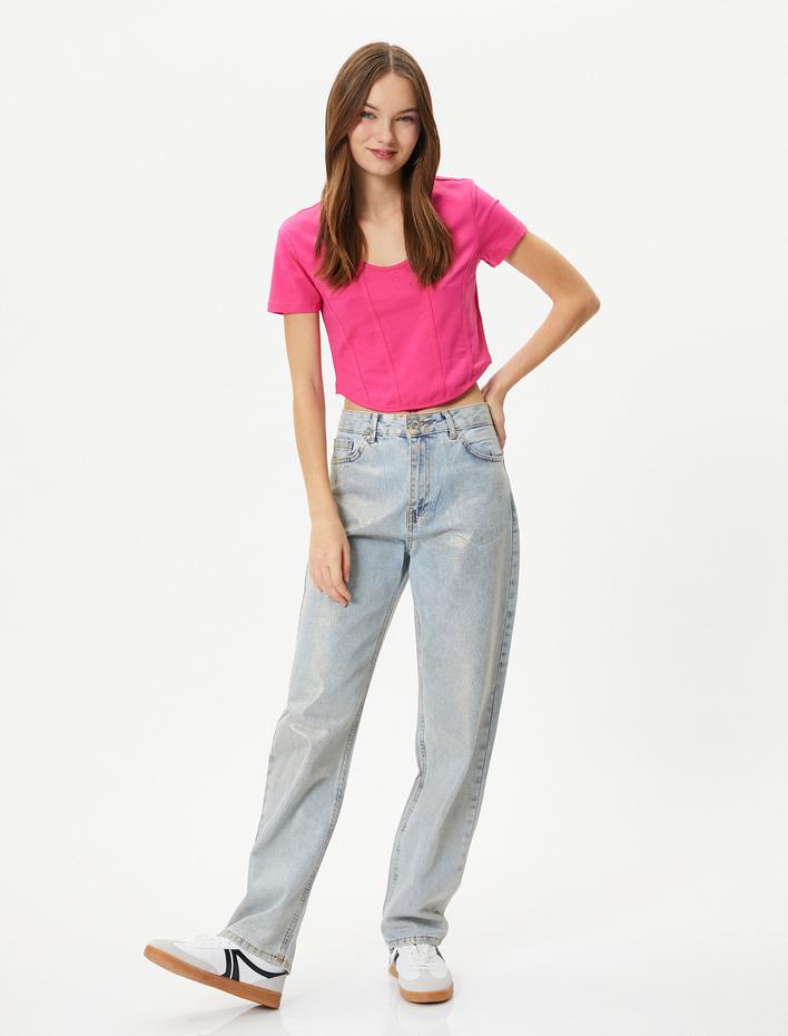  Crop Tişört Korse Görünümlü Dar Kalıp Kısa Kollu U Yaka Pamuklu