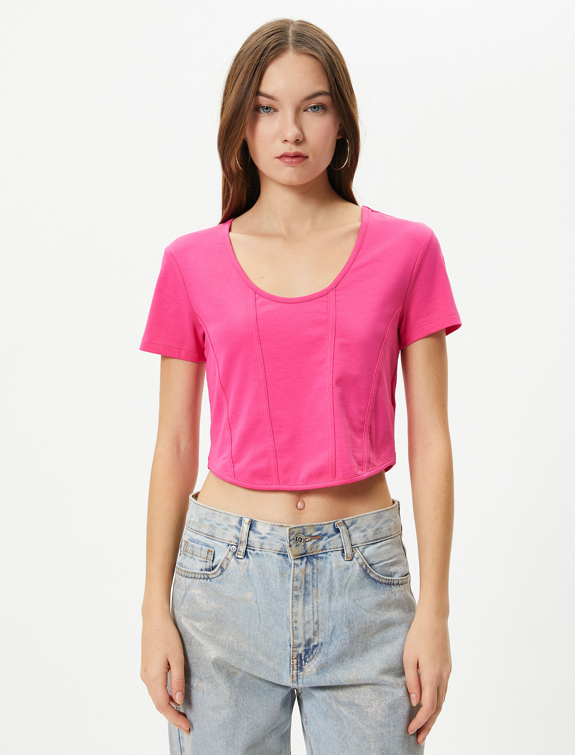   Crop Tişört Korse Görünümlü Dar Kalıp Kısa Kollu U Yaka Pamuklu