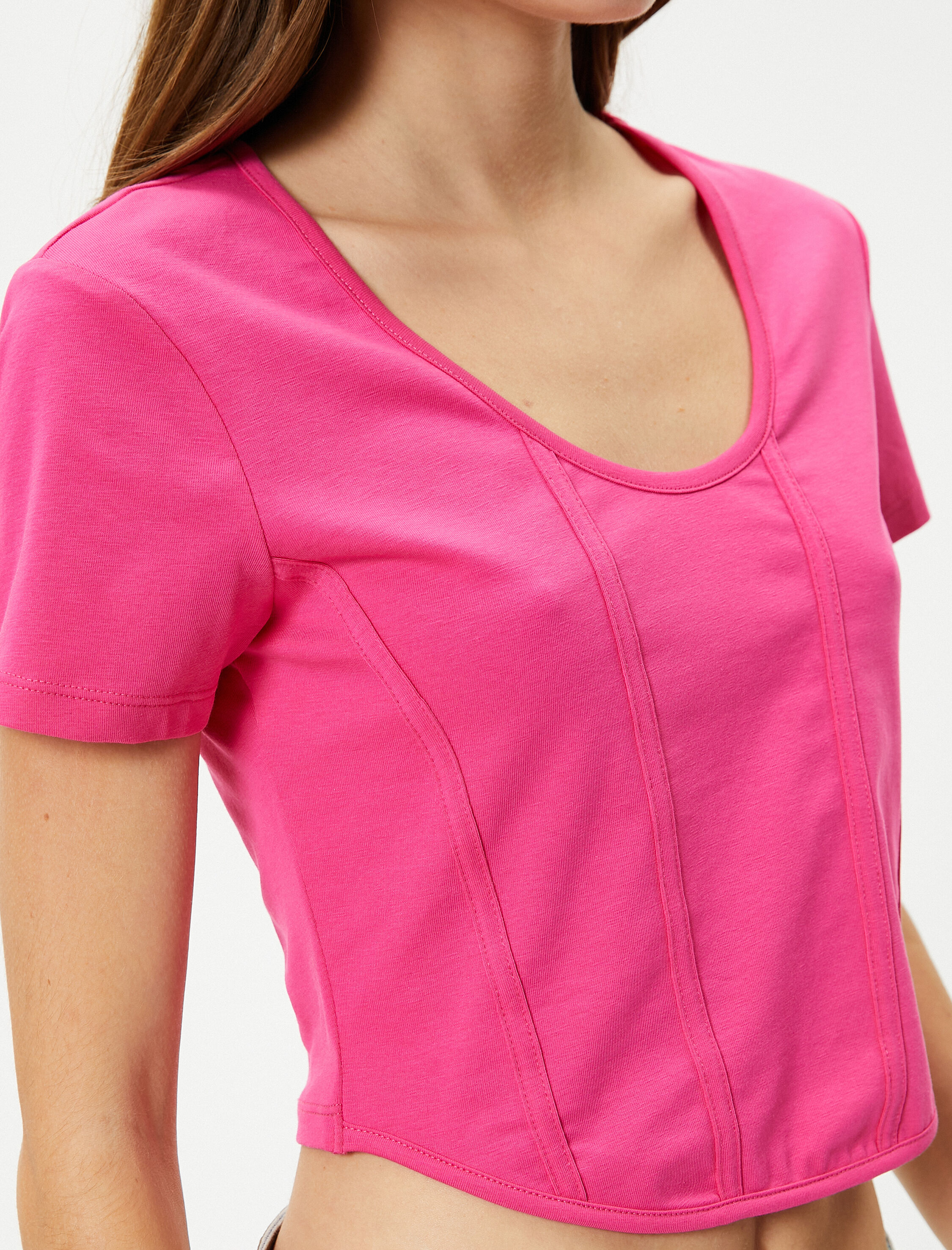   Crop Tişört Korse Görünümlü Dar Kalıp Kısa Kollu U Yaka Pamuklu