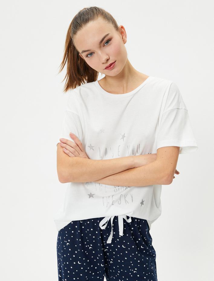  Kısa Kollu Pijama Takımı Baskılı Pamuklu