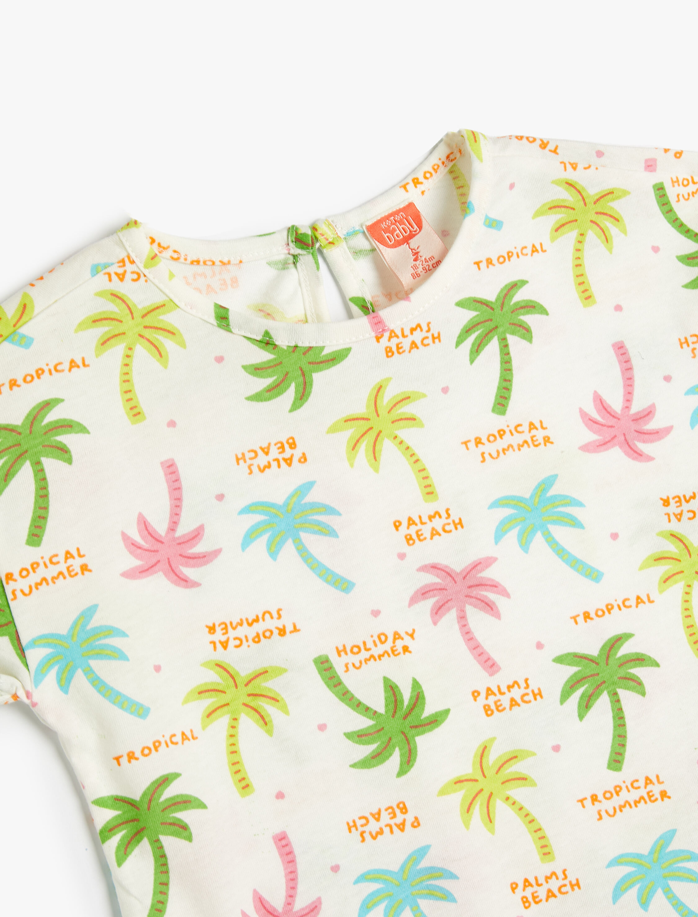  Kız Bebek Palmiye Baskılı Tişört Kısa Kollu Bisiklet Yaka Pamuklu