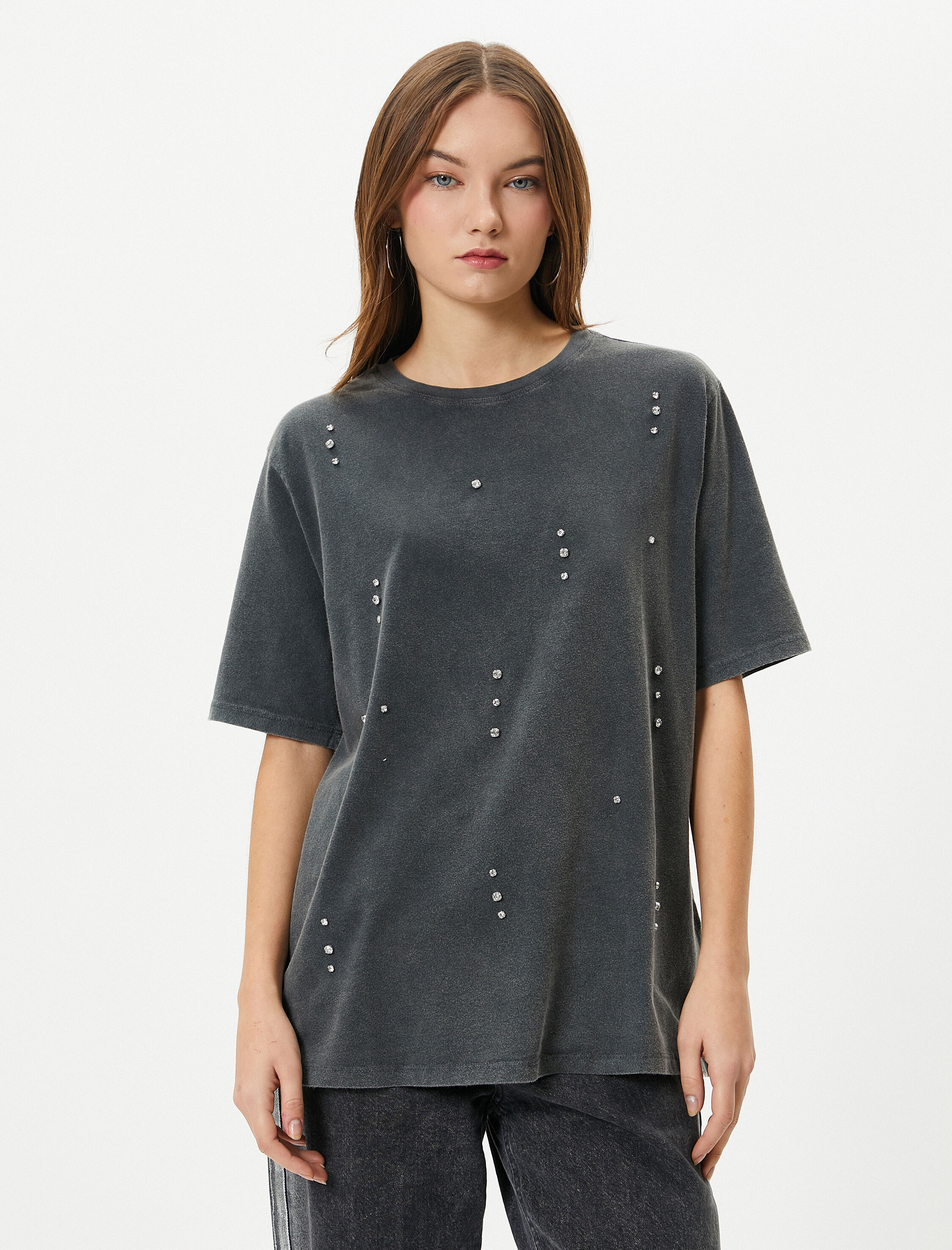   Taşlı Tişört Soluk Efektli Kısa Kollu Bisiklet Yaka Pamuklu