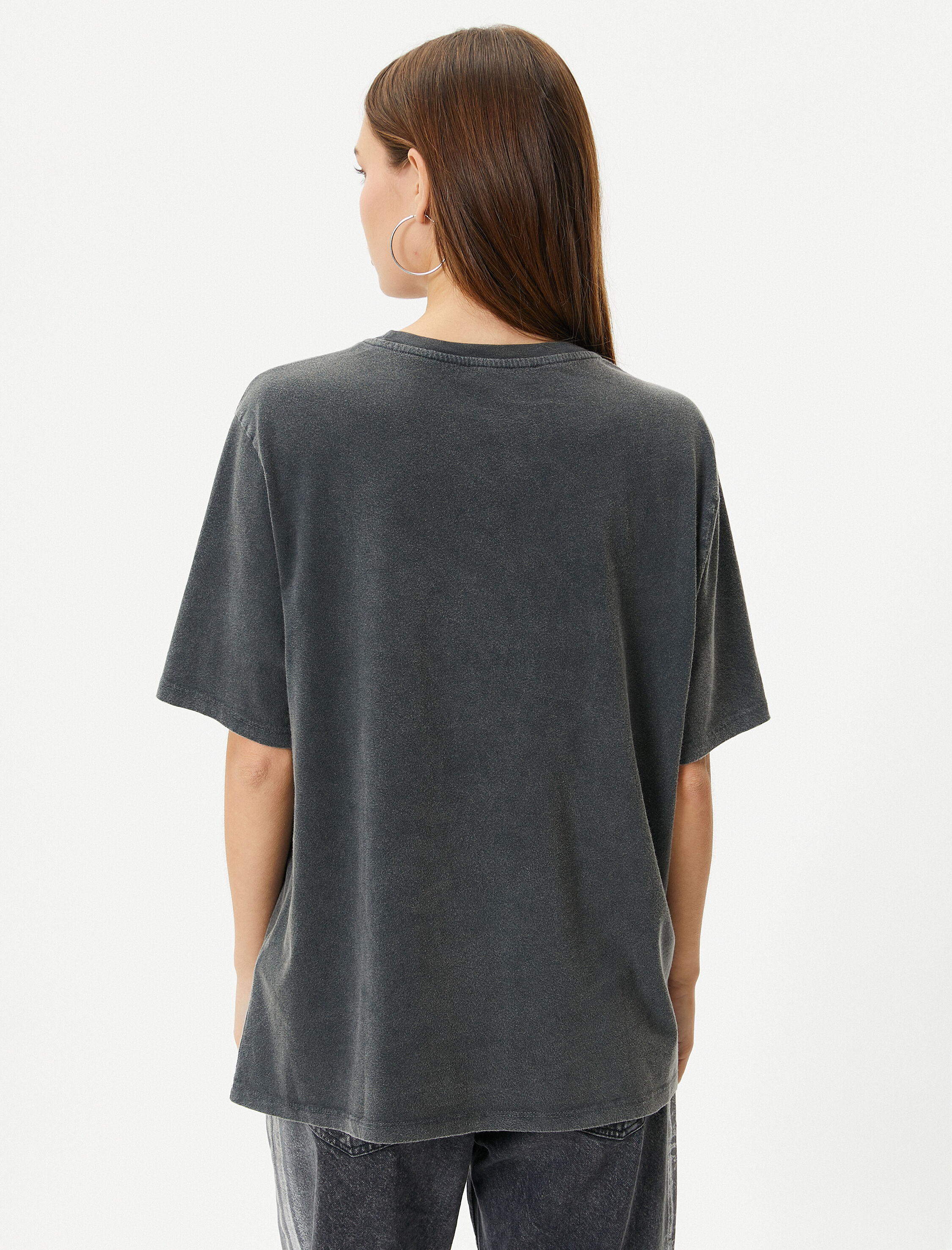   Taşlı Tişört Soluk Efektli Kısa Kollu Bisiklet Yaka Pamuklu