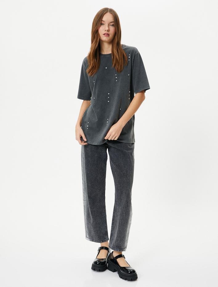  Taşlı Tişört Soluk Efektli Kısa Kollu Bisiklet Yaka Pamuklu