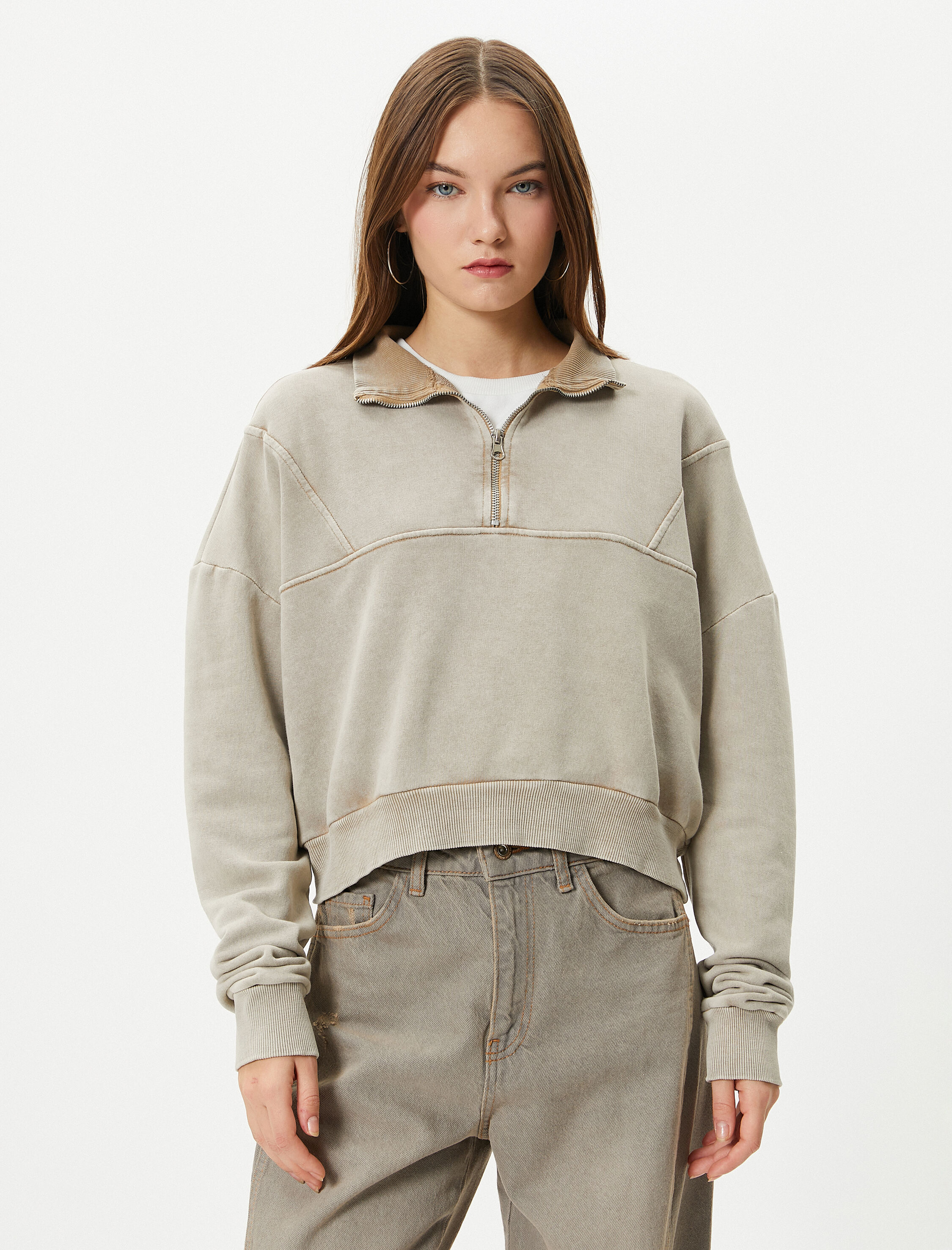   Crop Yarım Fermuarlı Sweatshirt Dik Yaka Soluk Efektli Pamuk Karışımlı