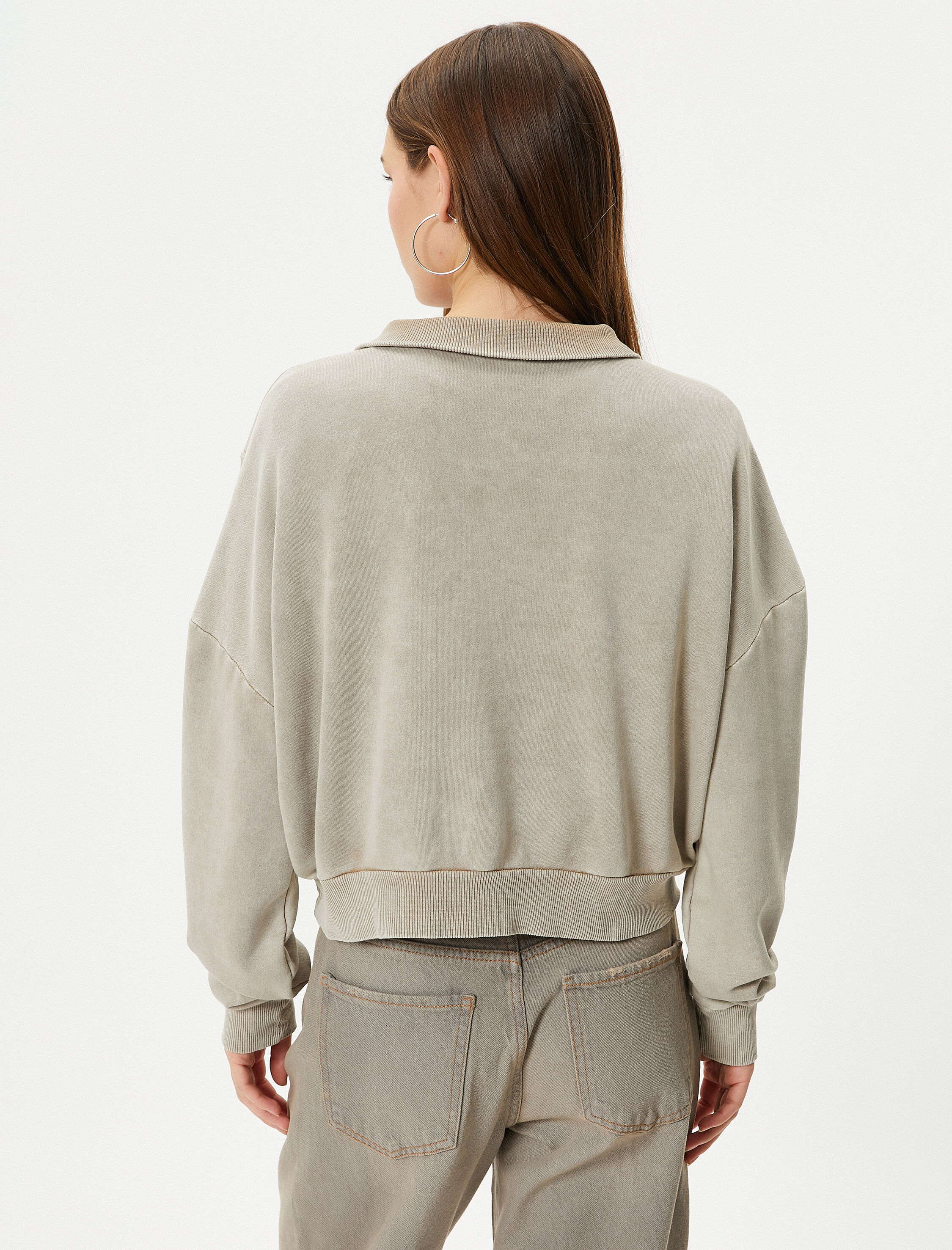   Crop Yarım Fermuarlı Sweatshirt Dik Yaka Soluk Efektli Pamuk Karışımlı