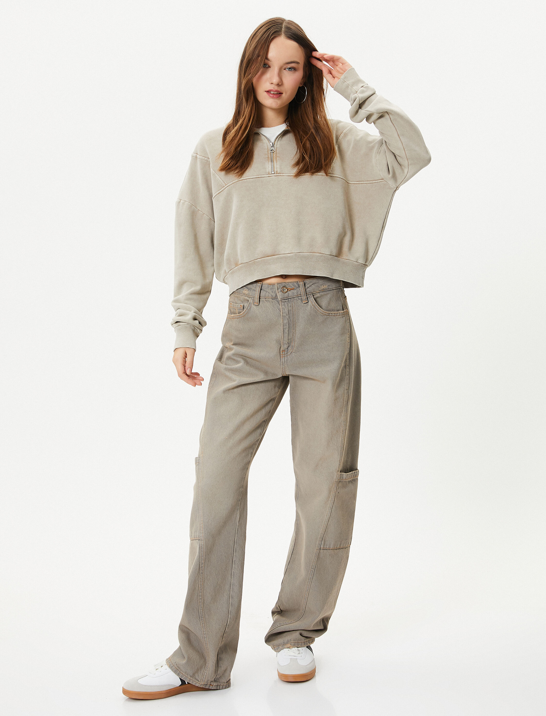   Crop Yarım Fermuarlı Sweatshirt Dik Yaka Soluk Efektli Pamuk Karışımlı