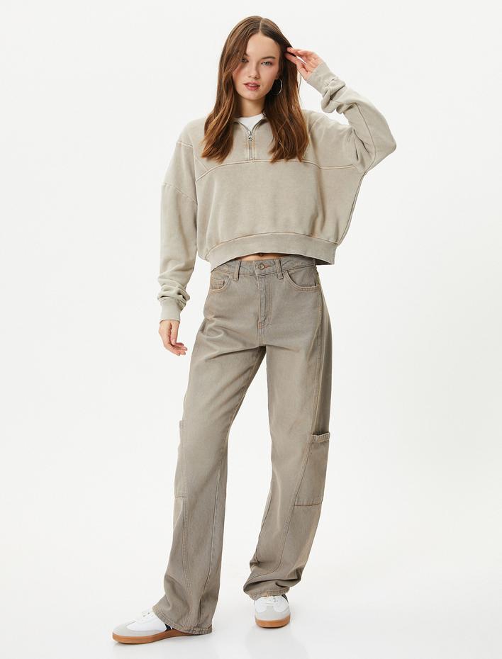  Crop Yarım Fermuarlı Sweatshirt Dik Yaka Soluk Efektli Pamuk Karışımlı