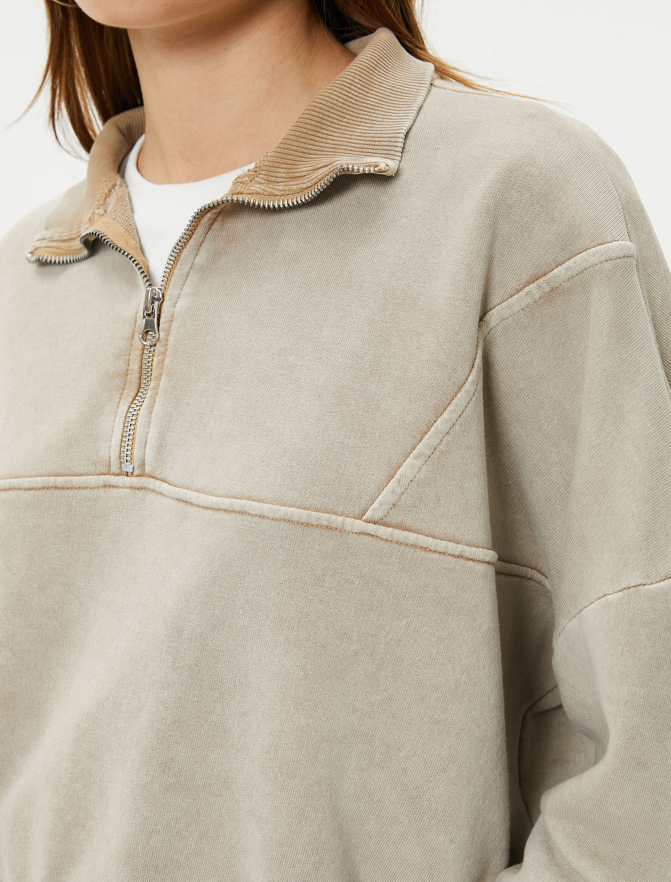   Crop Yarım Fermuarlı Sweatshirt Dik Yaka Soluk Efektli Pamuk Karışımlı