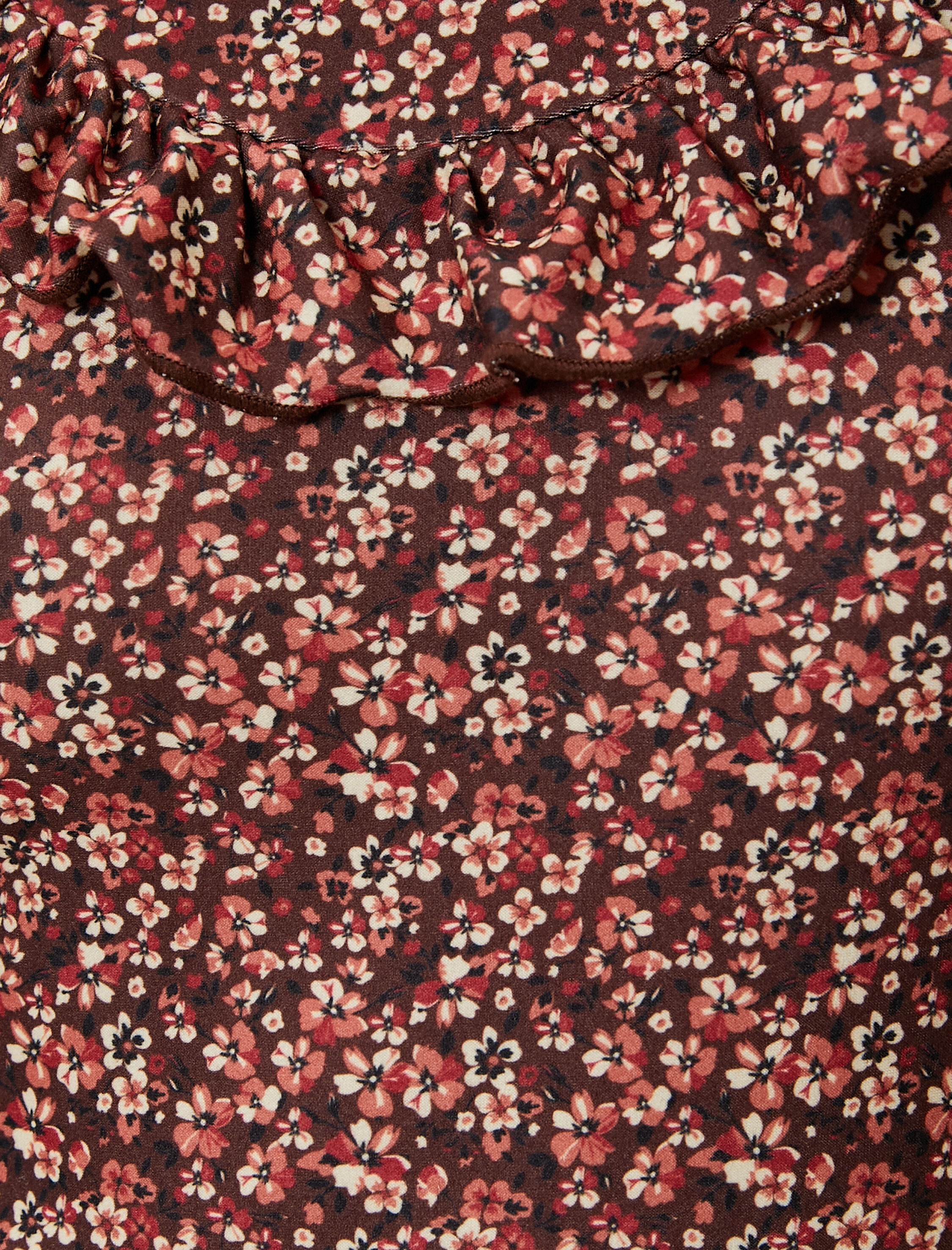   Çiçekli Mini Elbise Fırfırlı Dik Yaka Slim Fit Uzun Kollu