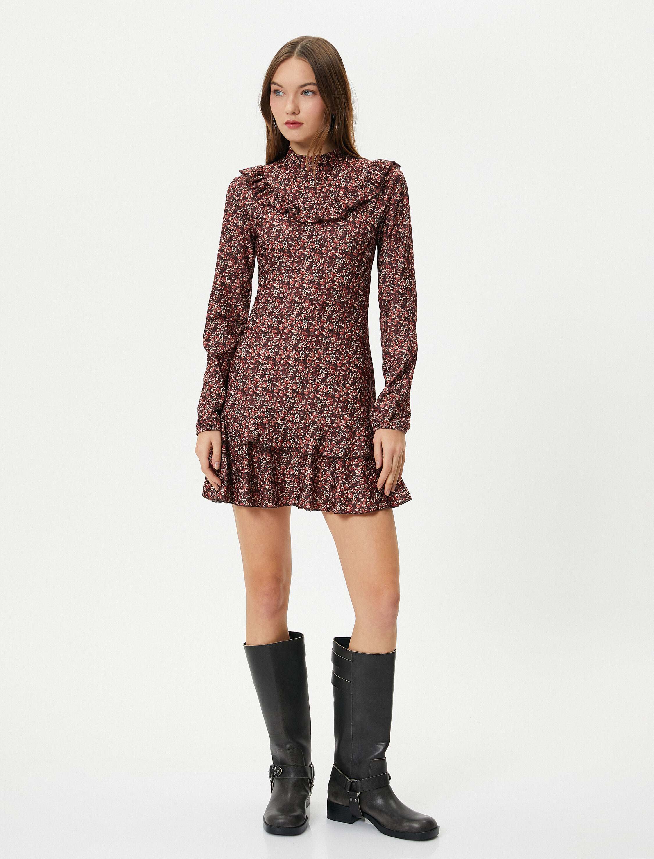   Çiçekli Mini Elbise Fırfırlı Dik Yaka Slim Fit Uzun Kollu