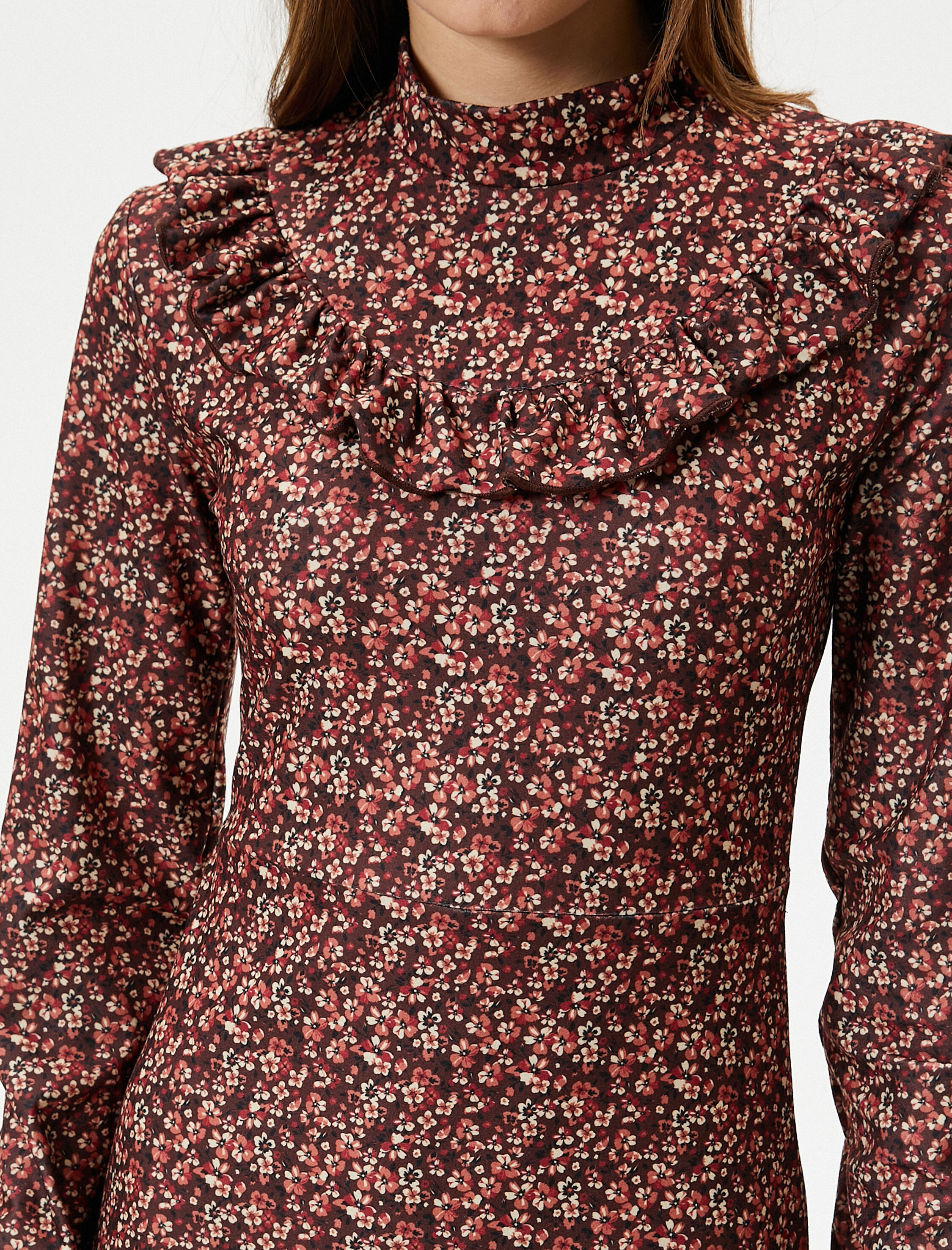   Çiçekli Mini Elbise Fırfırlı Dik Yaka Slim Fit Uzun Kollu