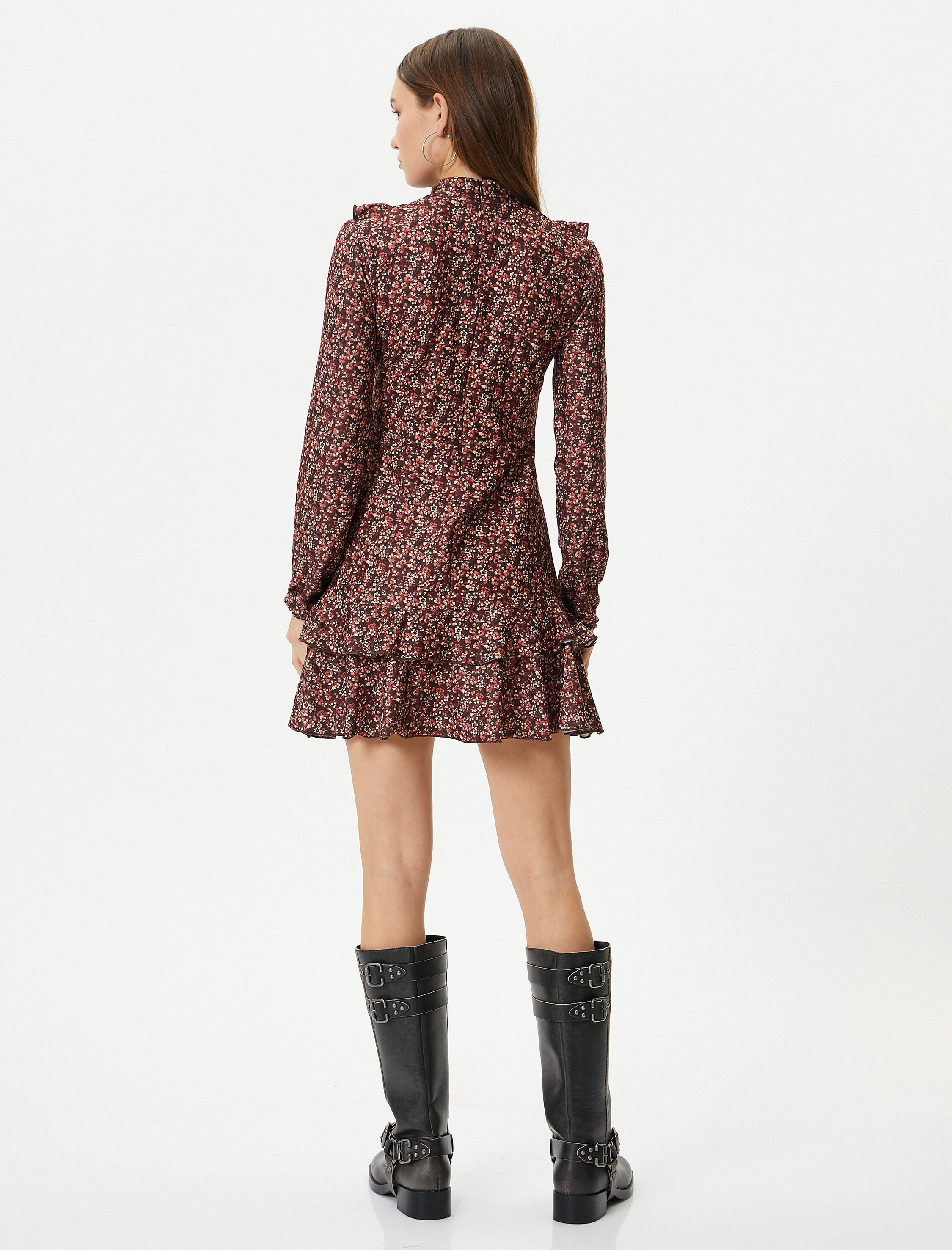   Çiçekli Mini Elbise Fırfırlı Dik Yaka Slim Fit Uzun Kollu