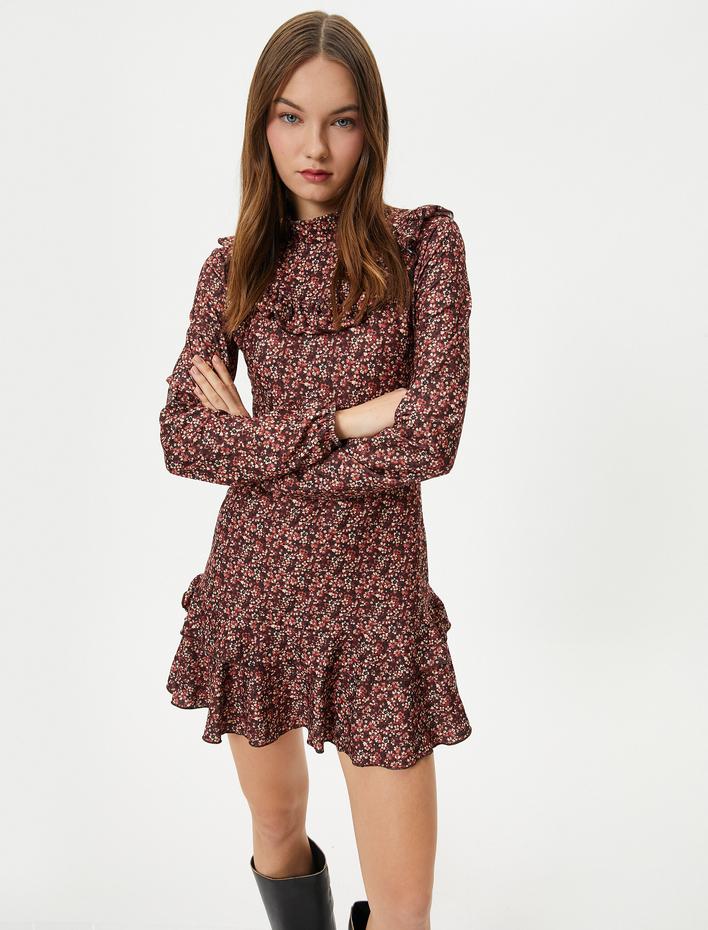  Çiçekli Mini Elbise Fırfırlı Dik Yaka Slim Fit Uzun Kollu