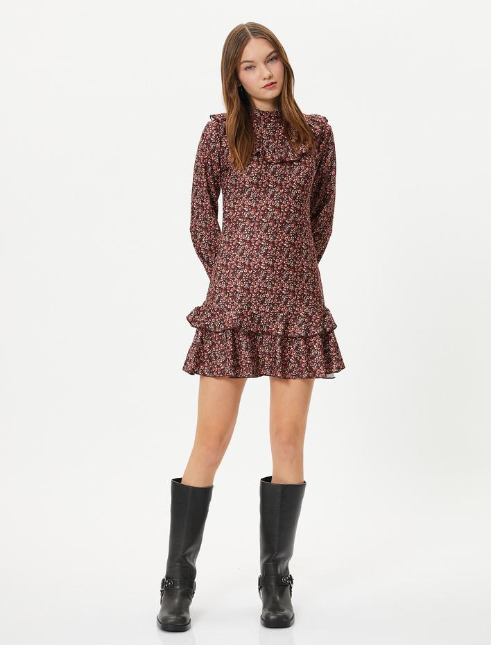  Çiçekli Mini Elbise Fırfırlı Dik Yaka Slim Fit Uzun Kollu