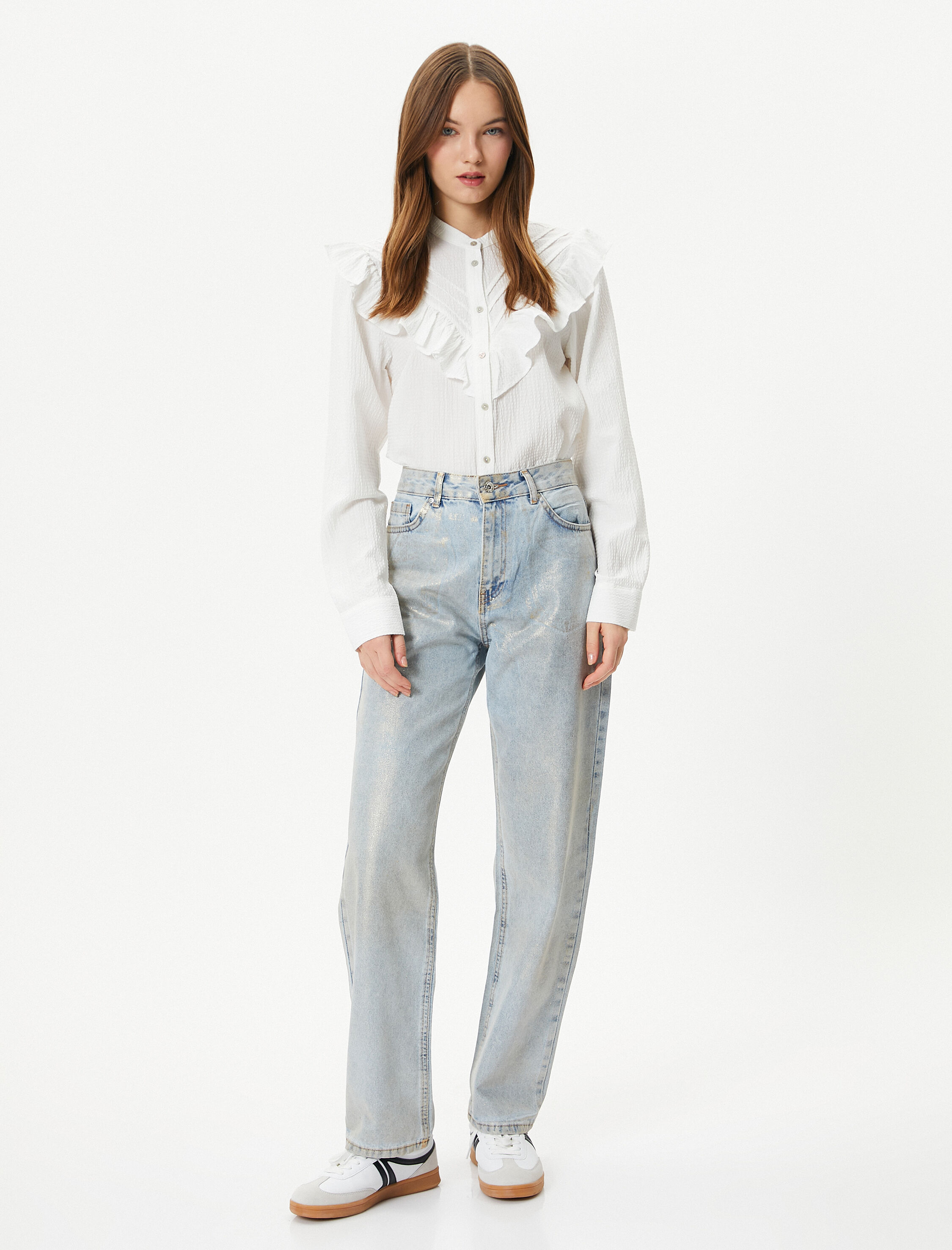   Fırfırlı Bluz Hakim Yaka Uzun Kollu Dokulu Viskoz Kumaş Karışımlı