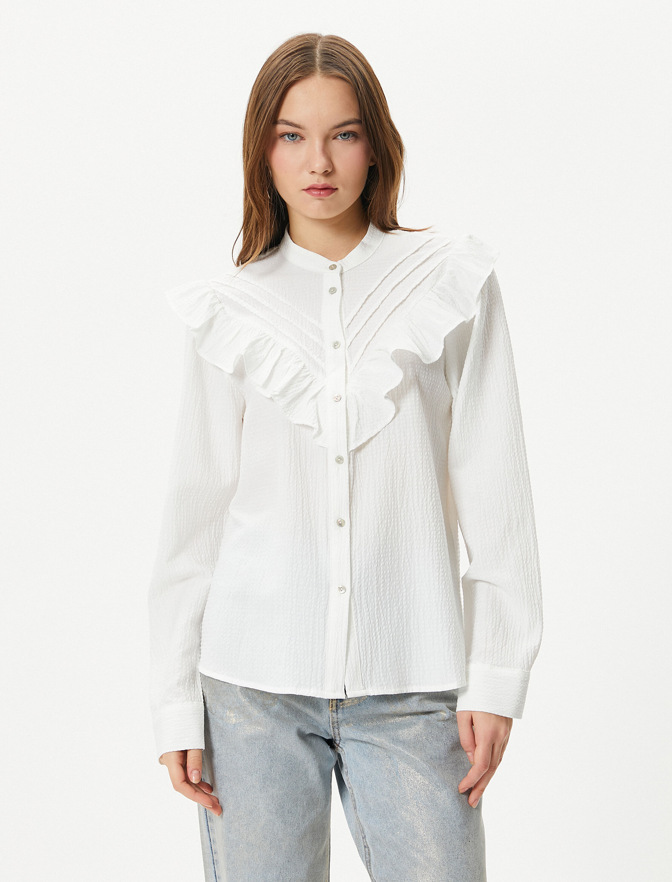   Fırfırlı Bluz Hakim Yaka Uzun Kollu Dokulu Viskoz Kumaş Karışımlı