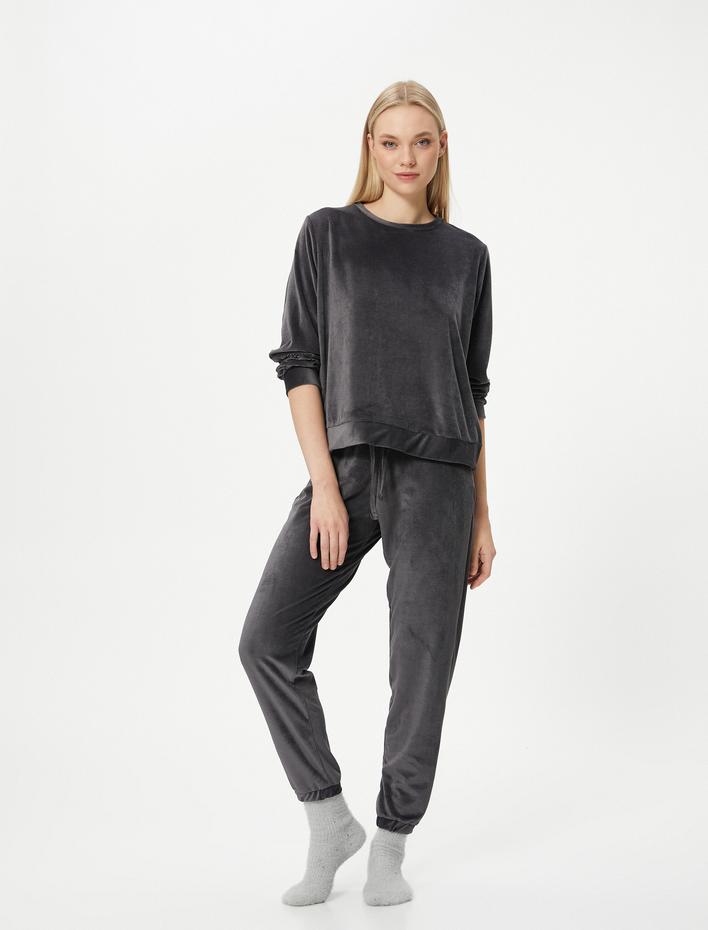  Pijama Altı Kadife Fitilli Beli Bağcıklı Jogger