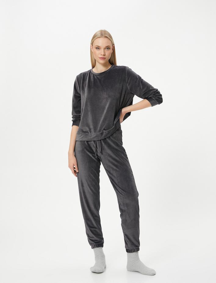  Pijama Altı Kadife Fitilli Beli Bağcıklı Jogger