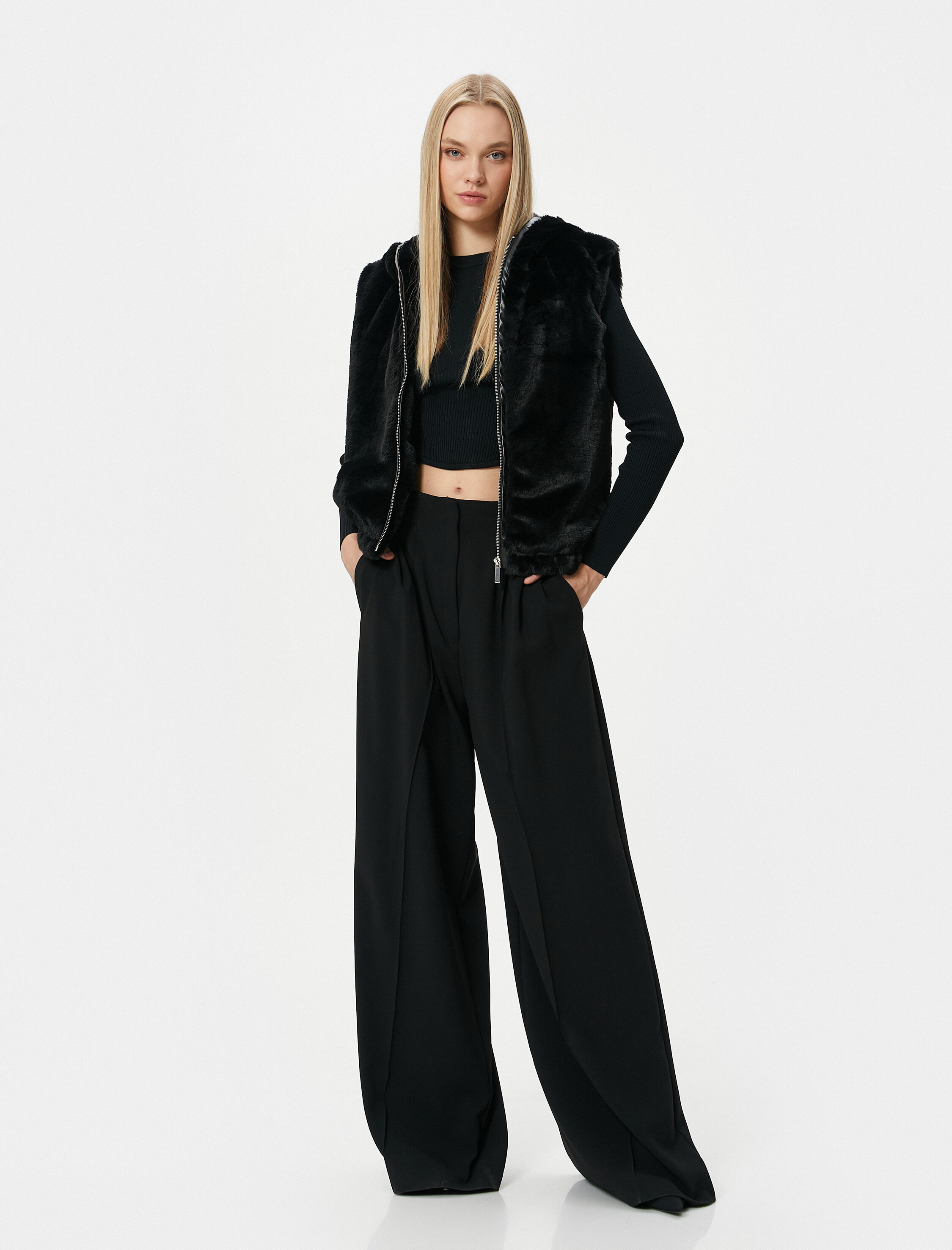   Peluş Yelek Fermuarlı Kapüşonlu