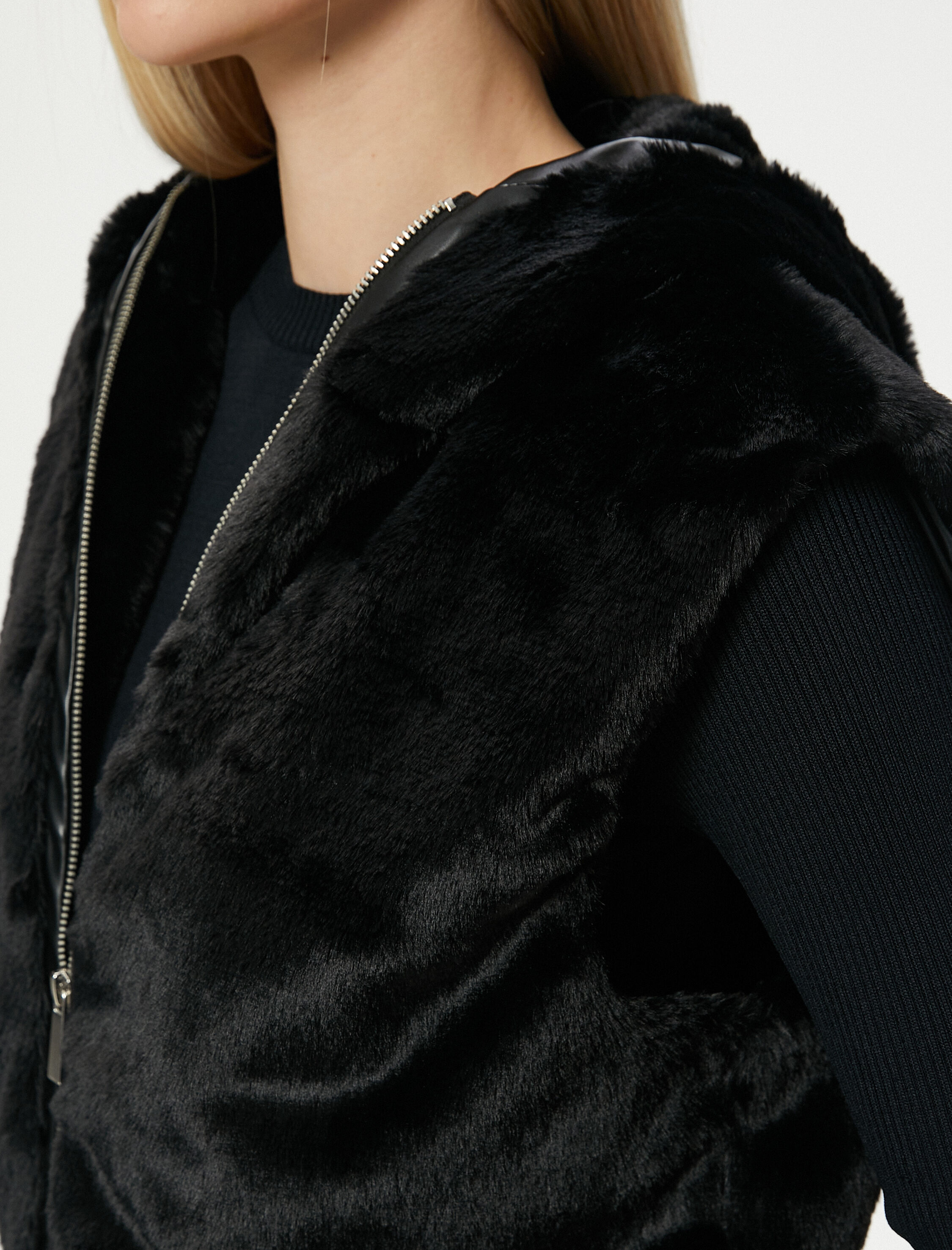   Peluş Yelek Fermuarlı Kapüşonlu